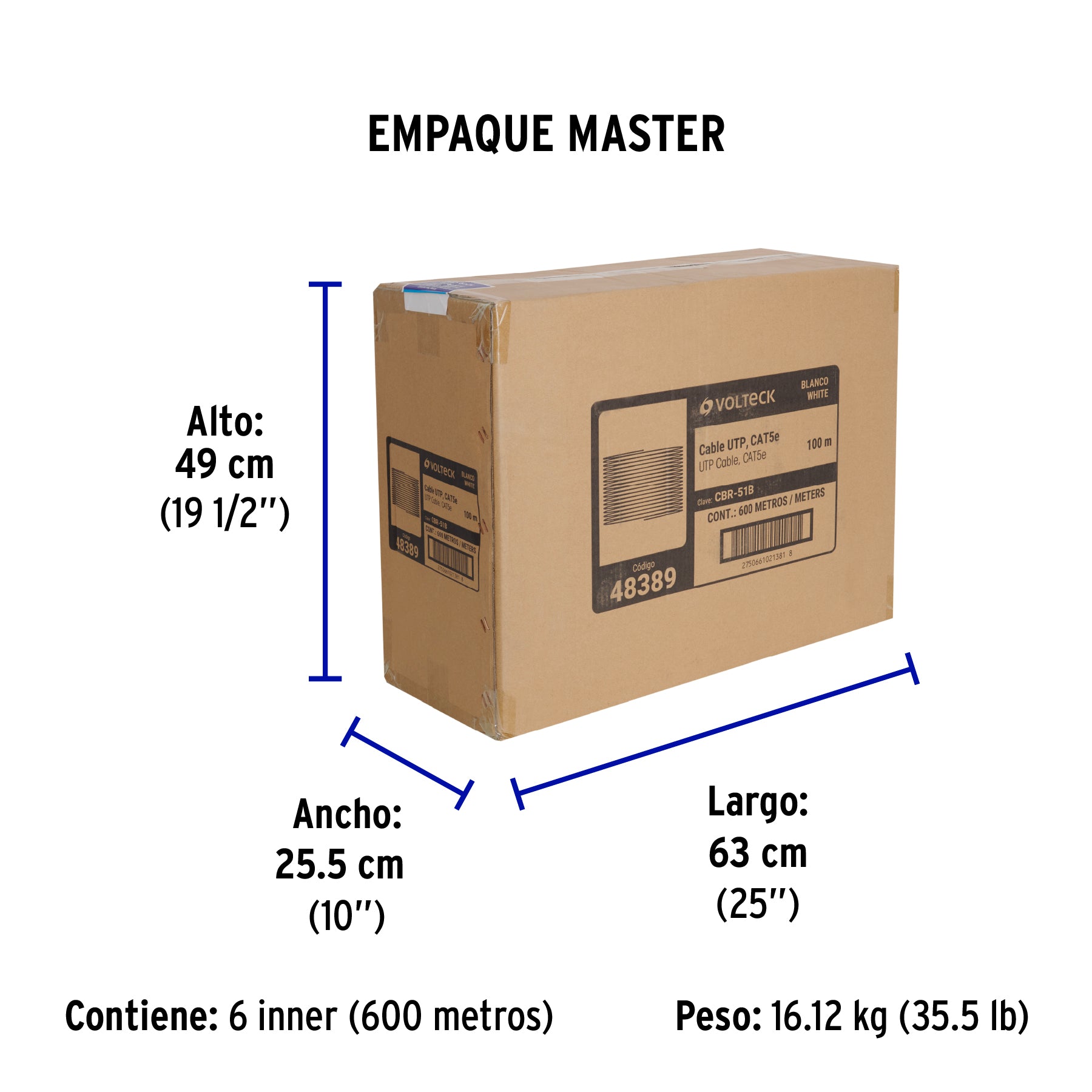 Metro de cable UTP CAT5E, Bobina de 100m, blanco, VOLTECK | CBR-51B | 48389