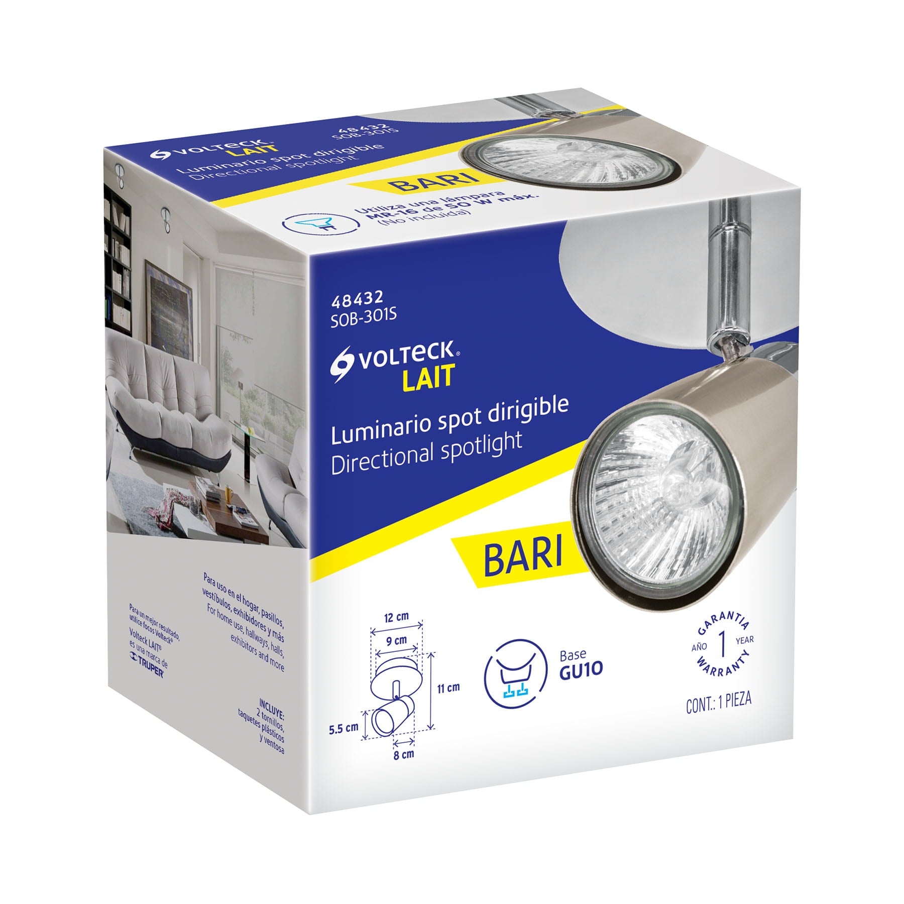 Luminario de sobreponer con 1 spot base GU10, Volteck | SOB-301S | 48432