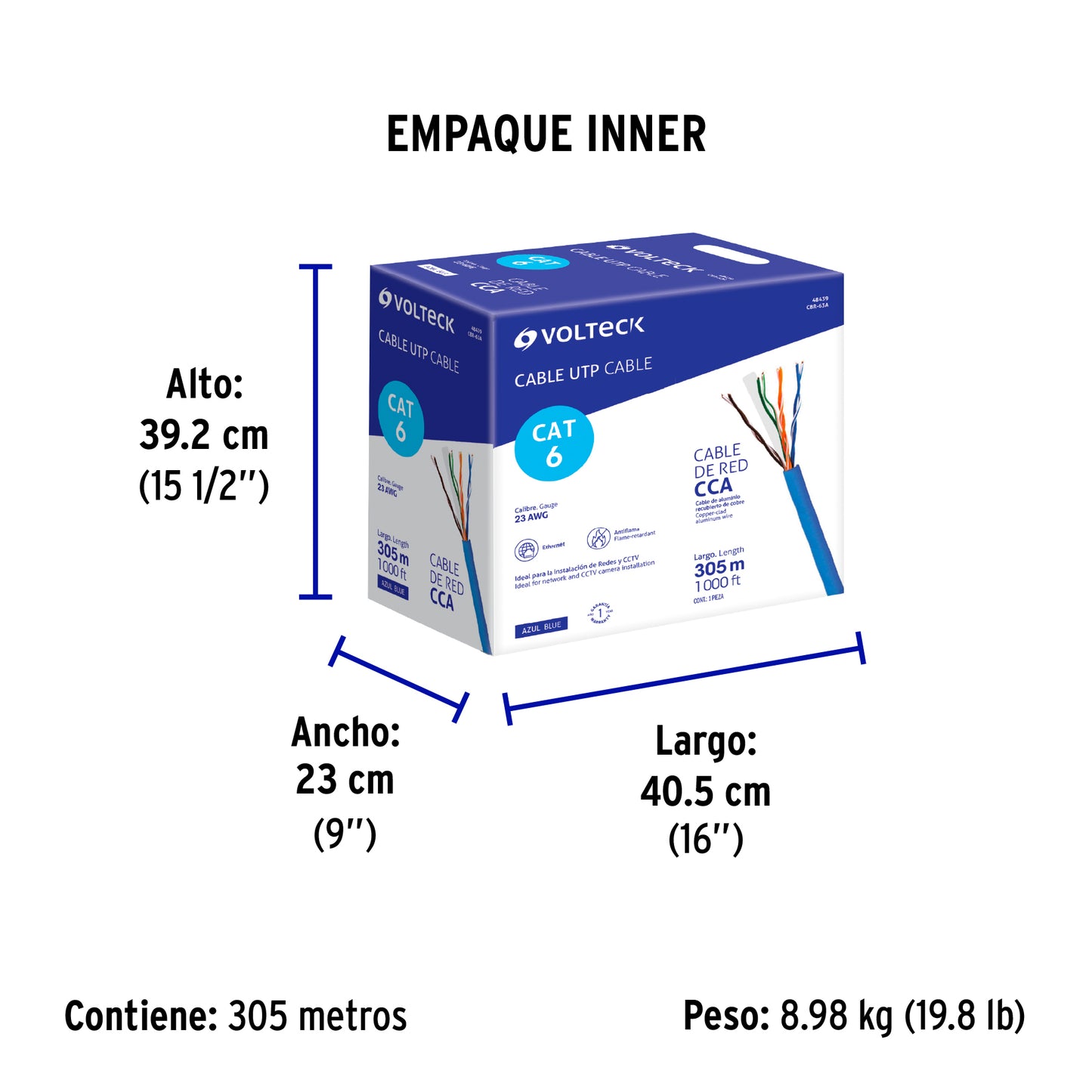 Metro de cable UTP CAT6, Bobina de 305m, azul, VOLTECK | CBR-63A | 48439