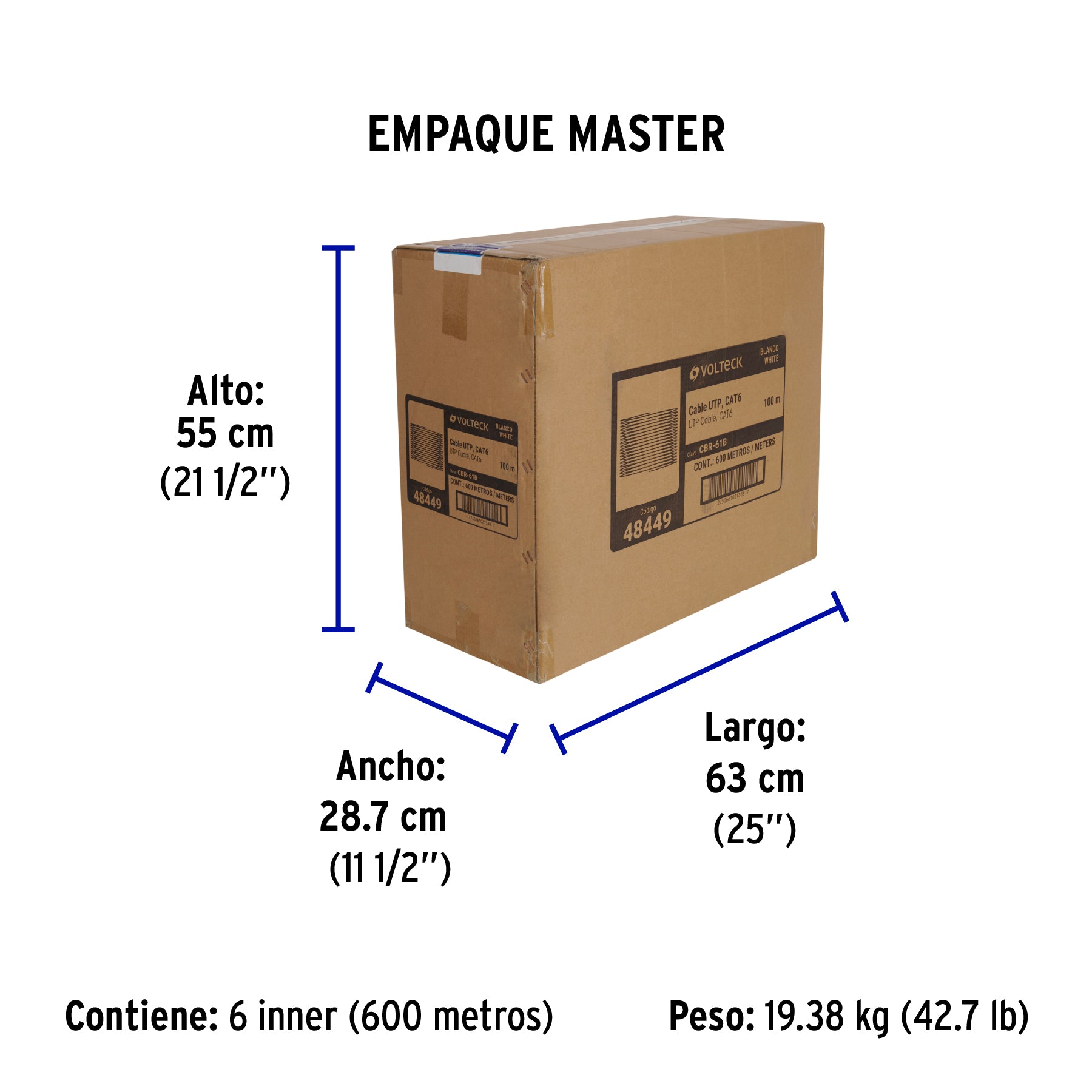 Metro de cable UTP CAT6, Bobina de 100m, blanco, VOLTECK | CBR-61B | 48449