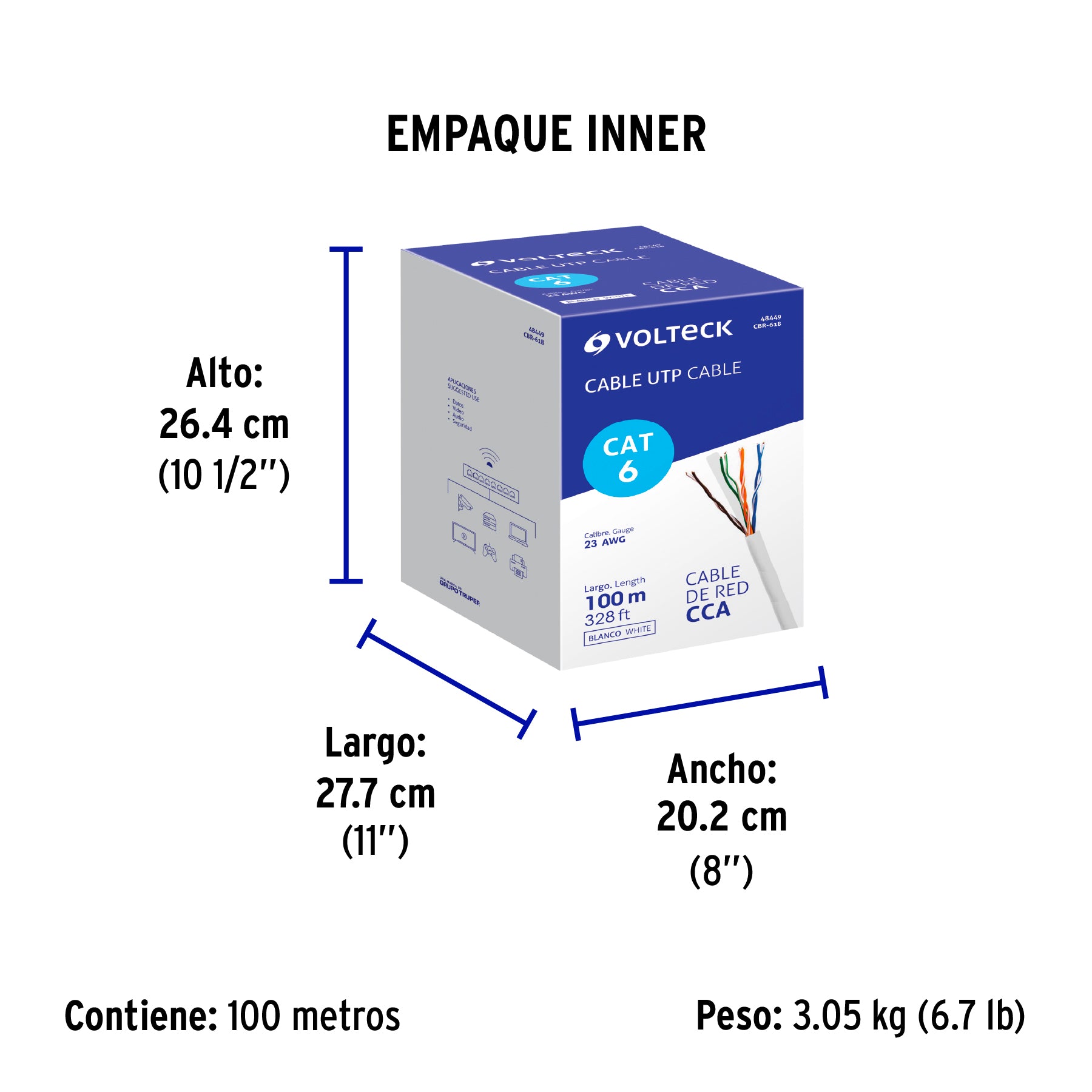 Metro de cable UTP CAT6, Bobina de 100m, blanco, VOLTECK | CBR-61B | 48449