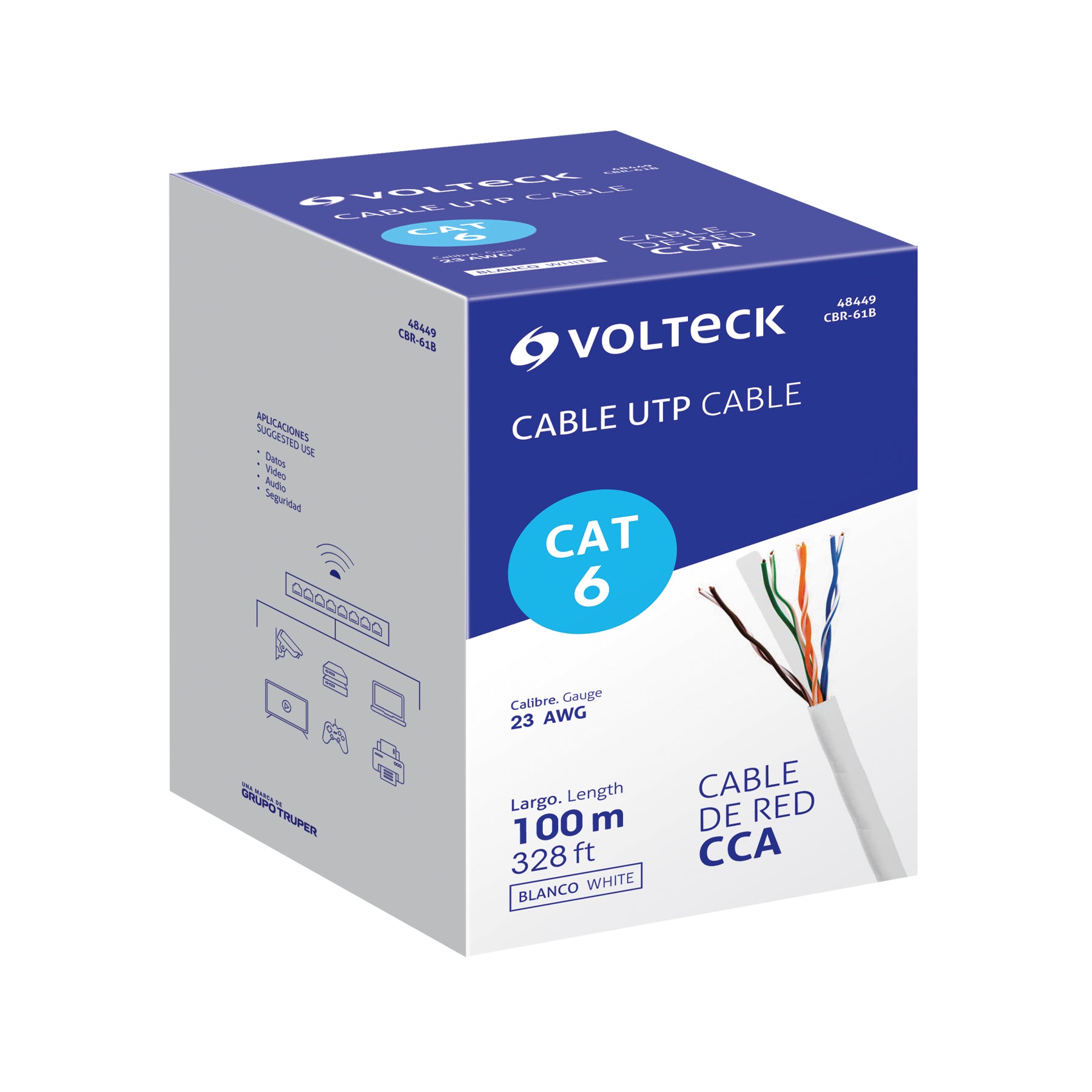 Metro de cable UTP CAT6, Bobina de 100m, blanco, VOLTECK | CBR-61B | 48449