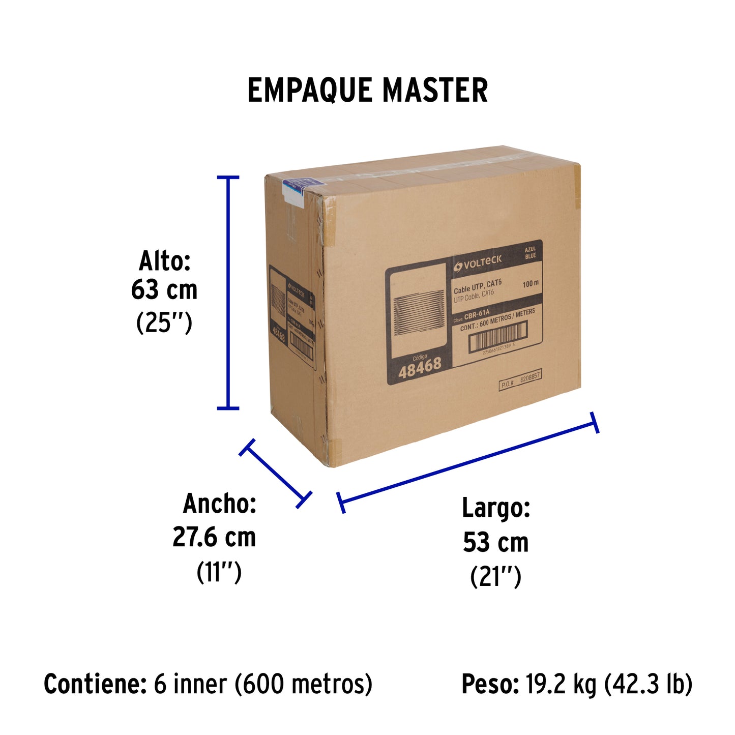 Metro de cable UTP CAT6, Bobina de 100m, azul, VOLTECK | CBR-61A | 48468