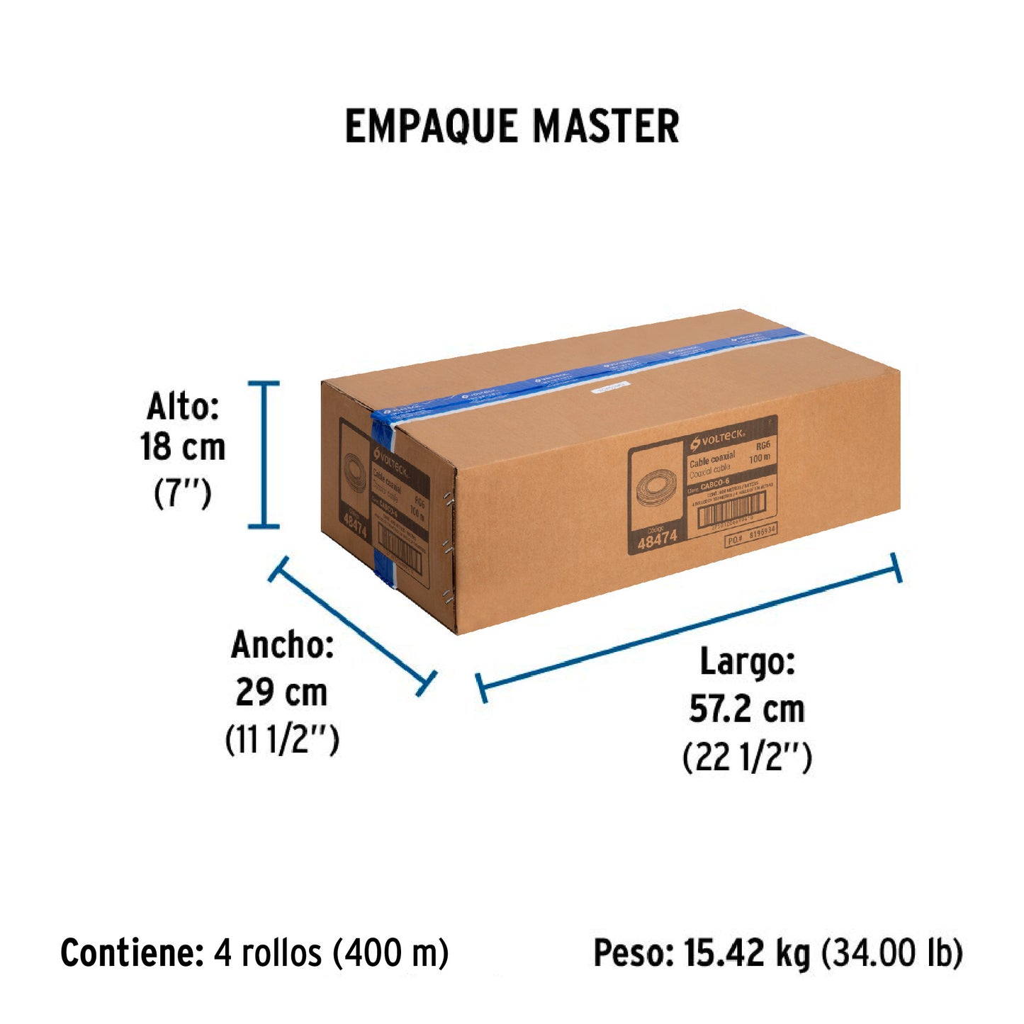 Metro de cable coaxial RG6 en rollo de 100 m, Volteck | CABCO-6 | 48474