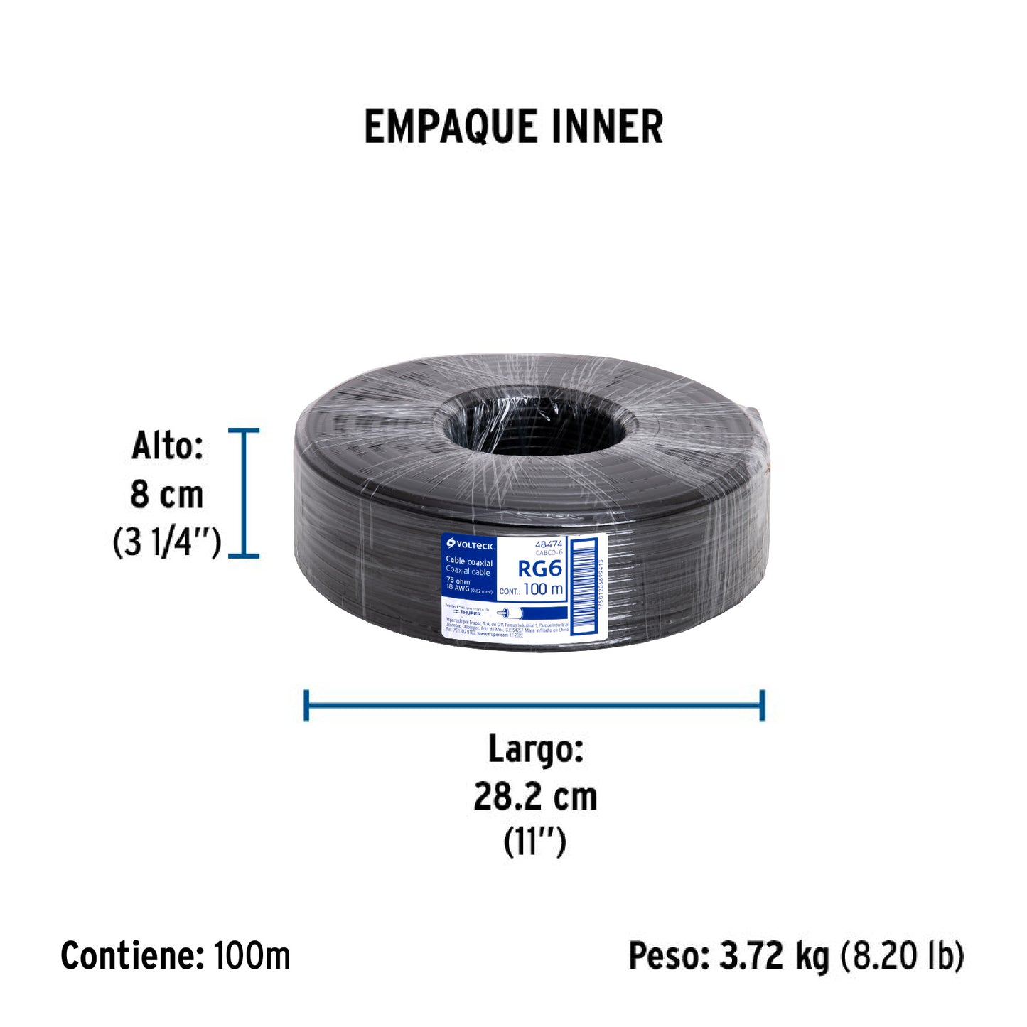 Metro de cable coaxial RG6 en rollo de 100 m, Volteck | CABCO-6 | 48474
