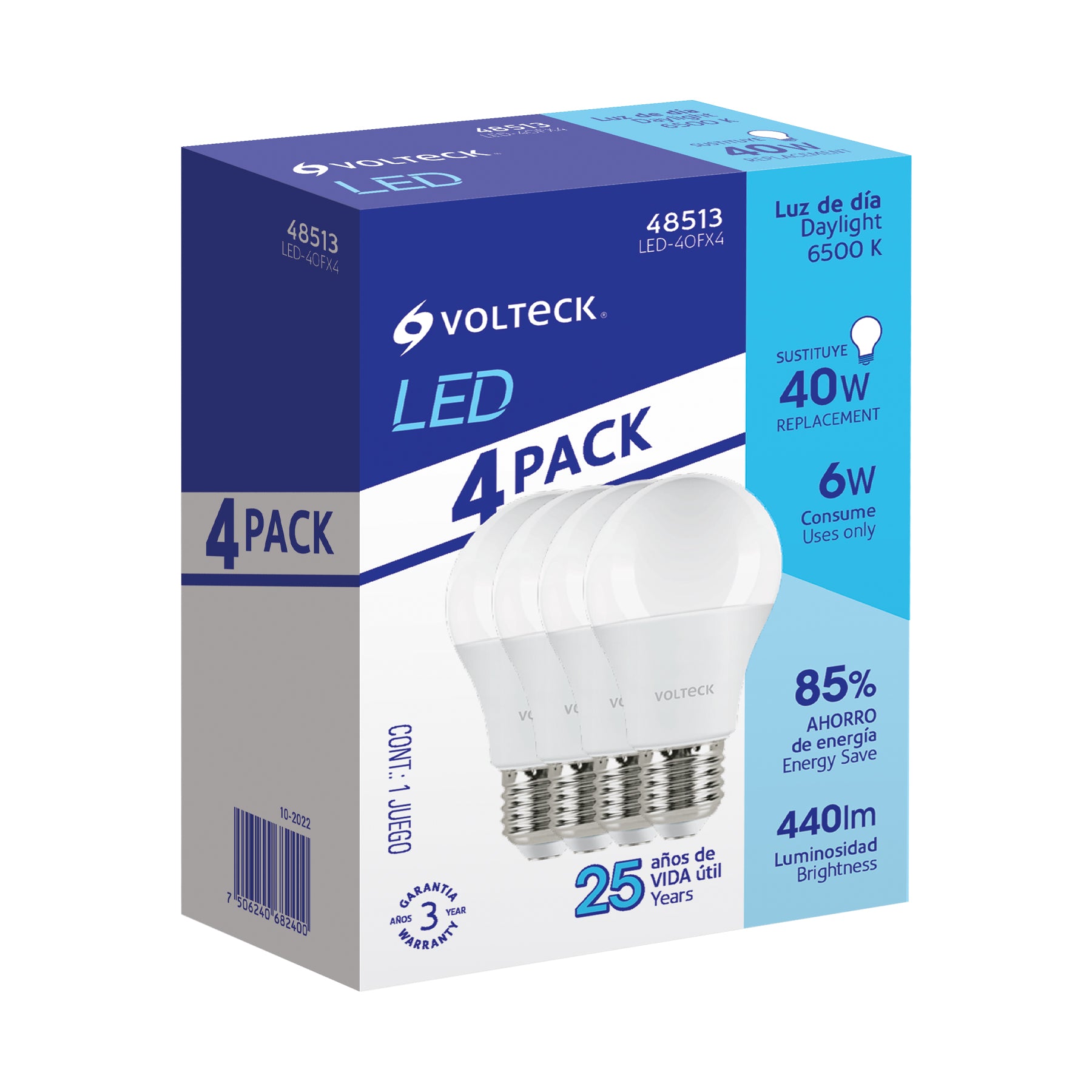 Pack de 4 lámparas LED A19 6 W (equiv. 40 W), luz de día | LED-40FX4 | 48513