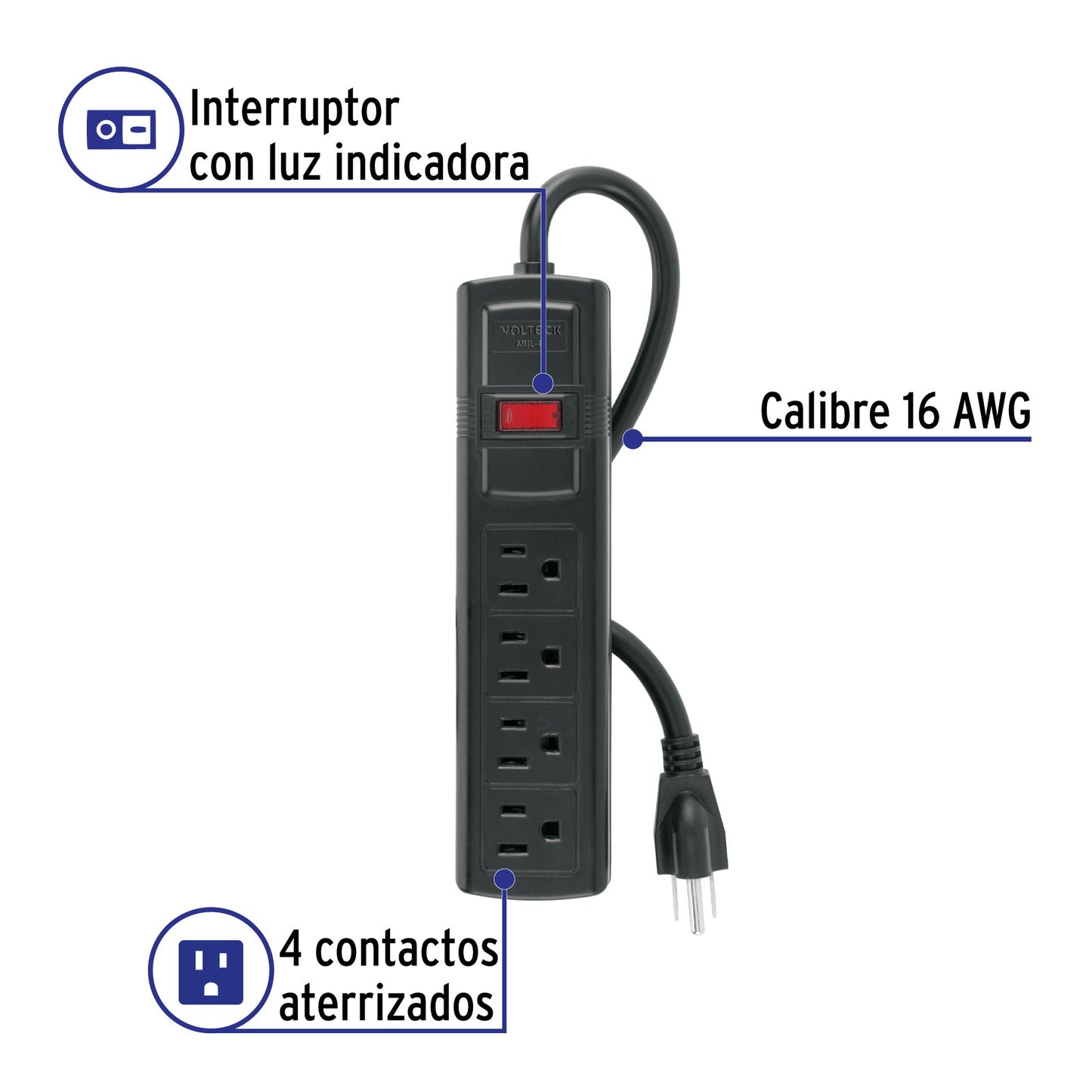 Multicontacto doméstico con 4 entradas, negro, VOLTECK | MUL-4N | 48539
