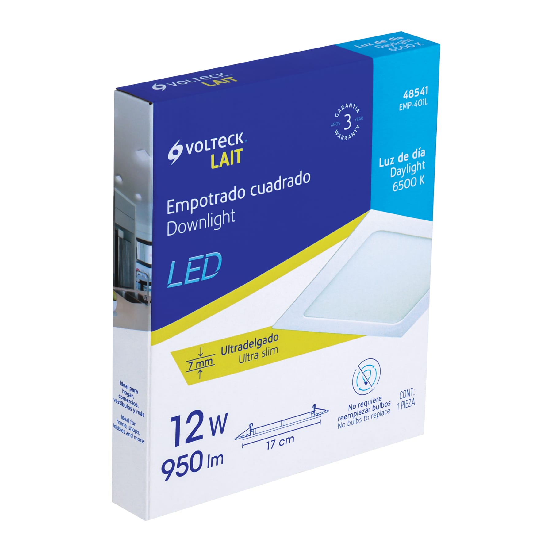 Luminario LED plafón 12W 6500K ultradelgado cuadrado VOLTECK | EMP-401L | 48541