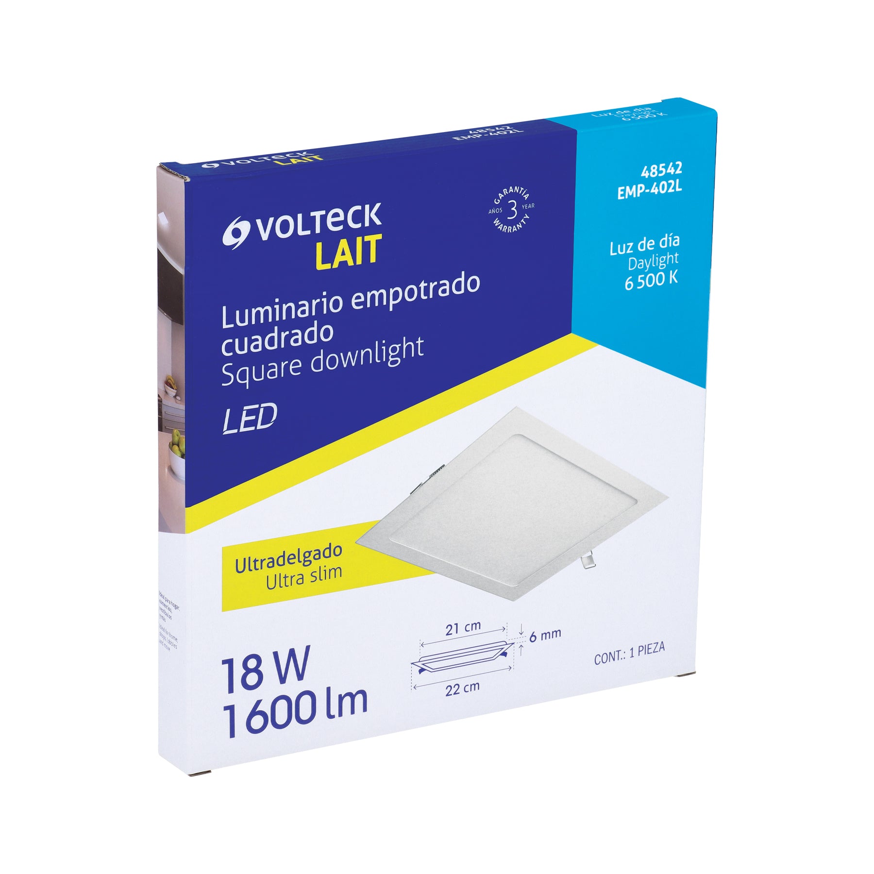 Luminario LED plafón 18W 6500K ultradelgado cuadrado VOLTECK | EMP-402L | 48542