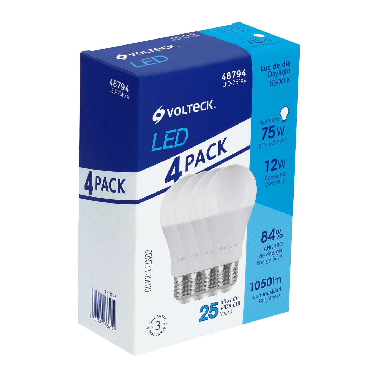 Pack de 4 lámparas LED A19 12 W (equiv. 75 W), luz de día | LED-75FX4 | 48794