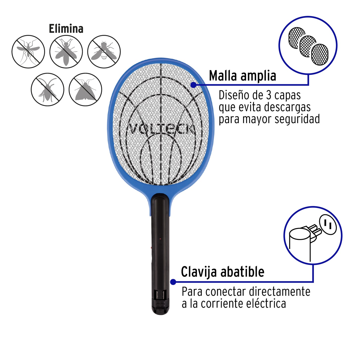 Raqueta mata moscas y mosquitos, recargable, VOLTECK | RAQ-35 | 49149