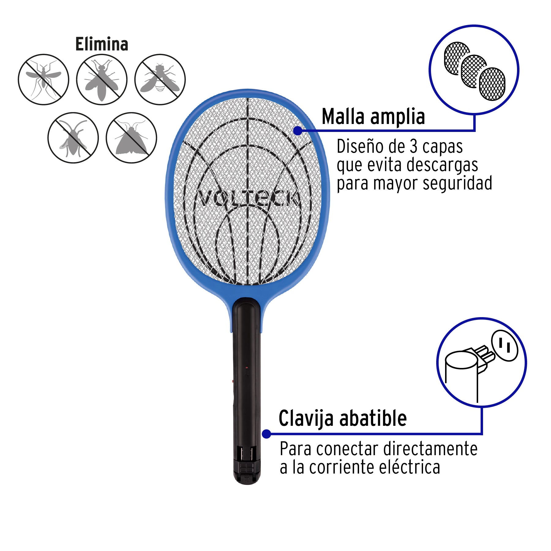 Raqueta mata moscas y mosquitos, recargable, VOLTECK | RAQ-35 | 49149
