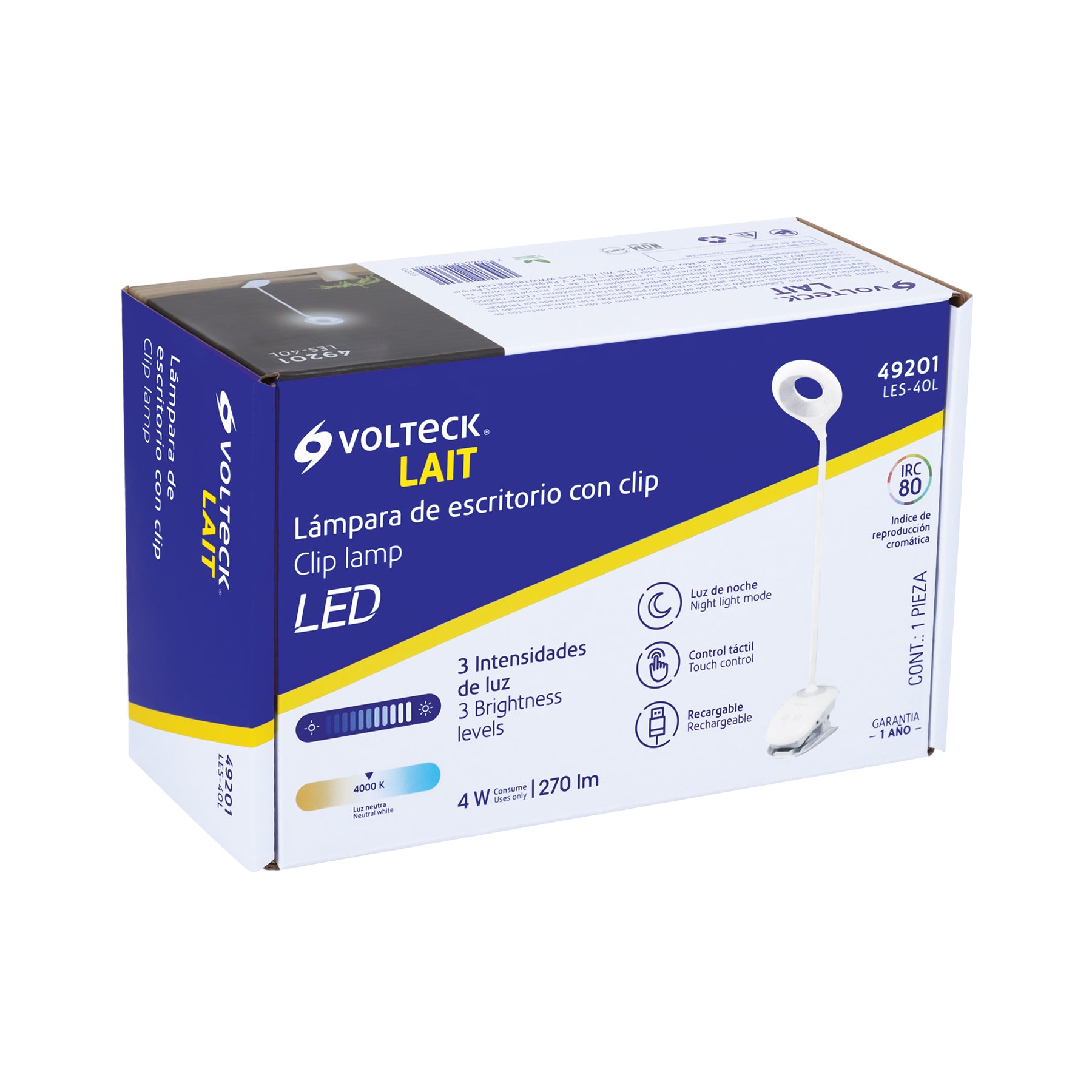 Lámpara escritorio LED 4 W recargable c/clip, 3 intensidades | LES-40L | 49201