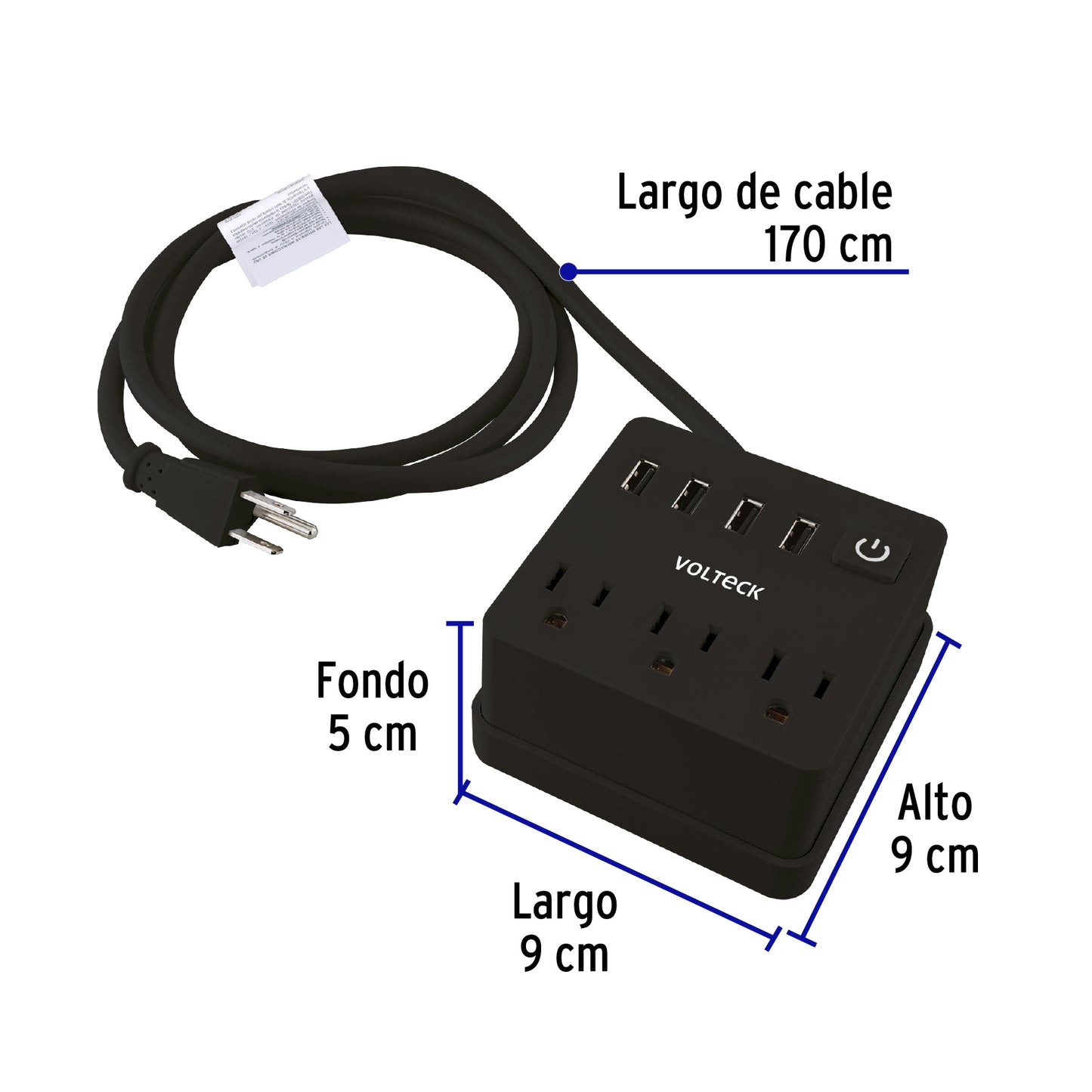 Multicontacto 16 AWG doméstico, 3 entradas 4 ptos USB, negro | MUL-3UN | 49321