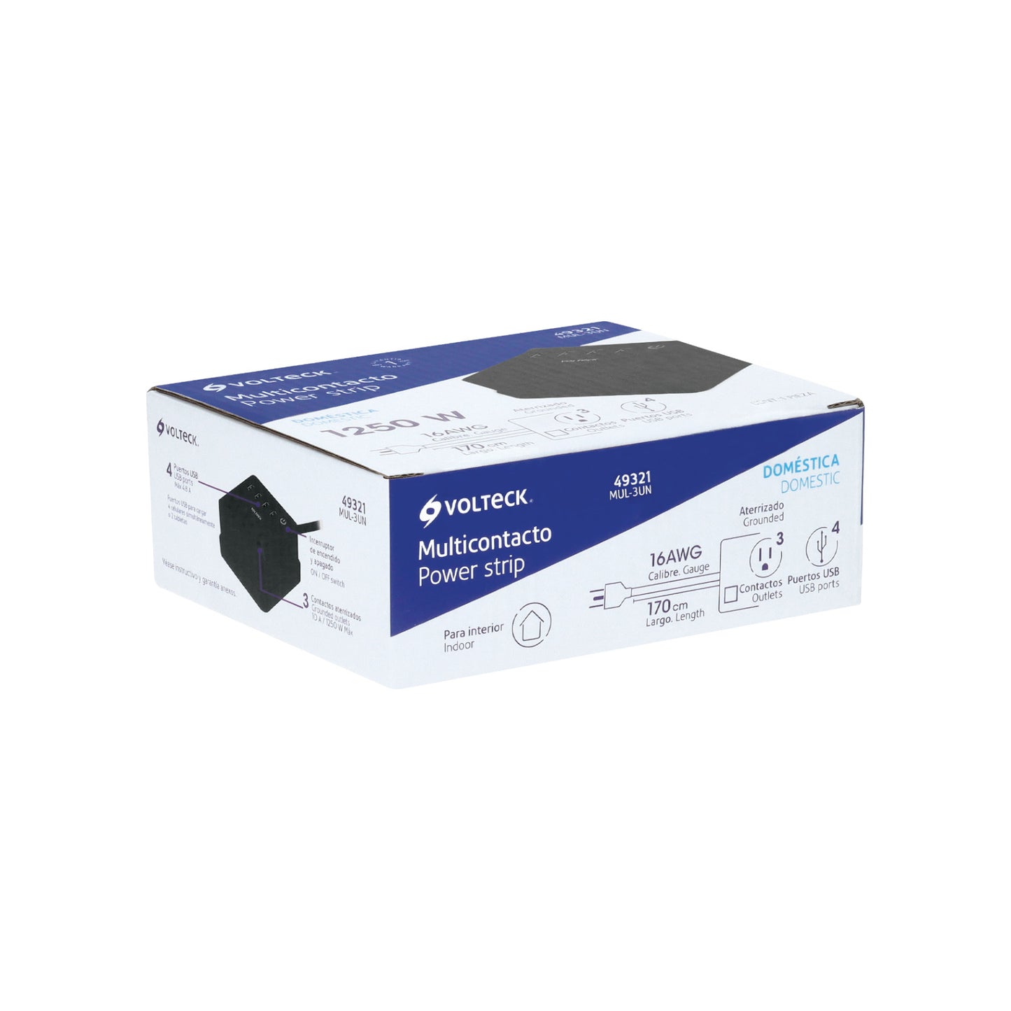 Multicontacto 16 AWG doméstico, 3 entradas 4 ptos USB, negro | MUL-3UN | 49321