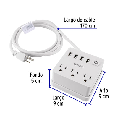 Multicontacto 16 AWG doméstico 3 entradas 4 ptos USB, blanco | MUL-3U | 49322