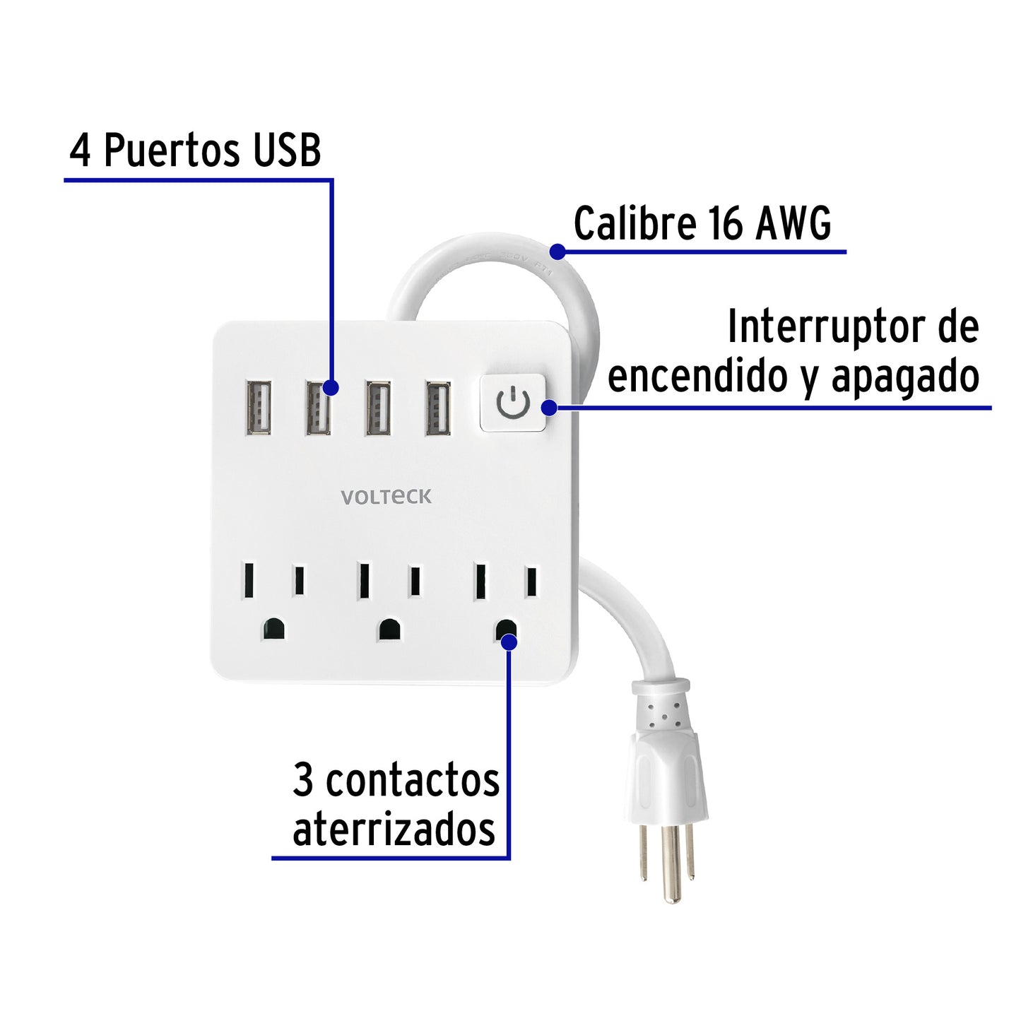 Multicontacto 16 AWG doméstico 3 entradas 4 ptos USB, blanco | MUL-3U | 49322