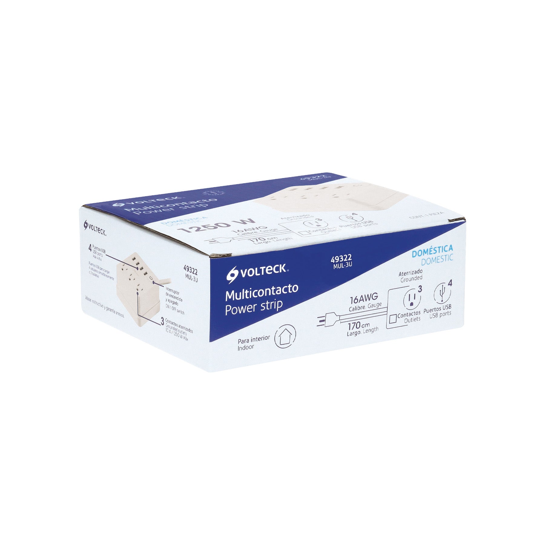 Multicontacto 16 AWG doméstico 3 entradas 4 ptos USB, blanco | MUL-3U | 49322