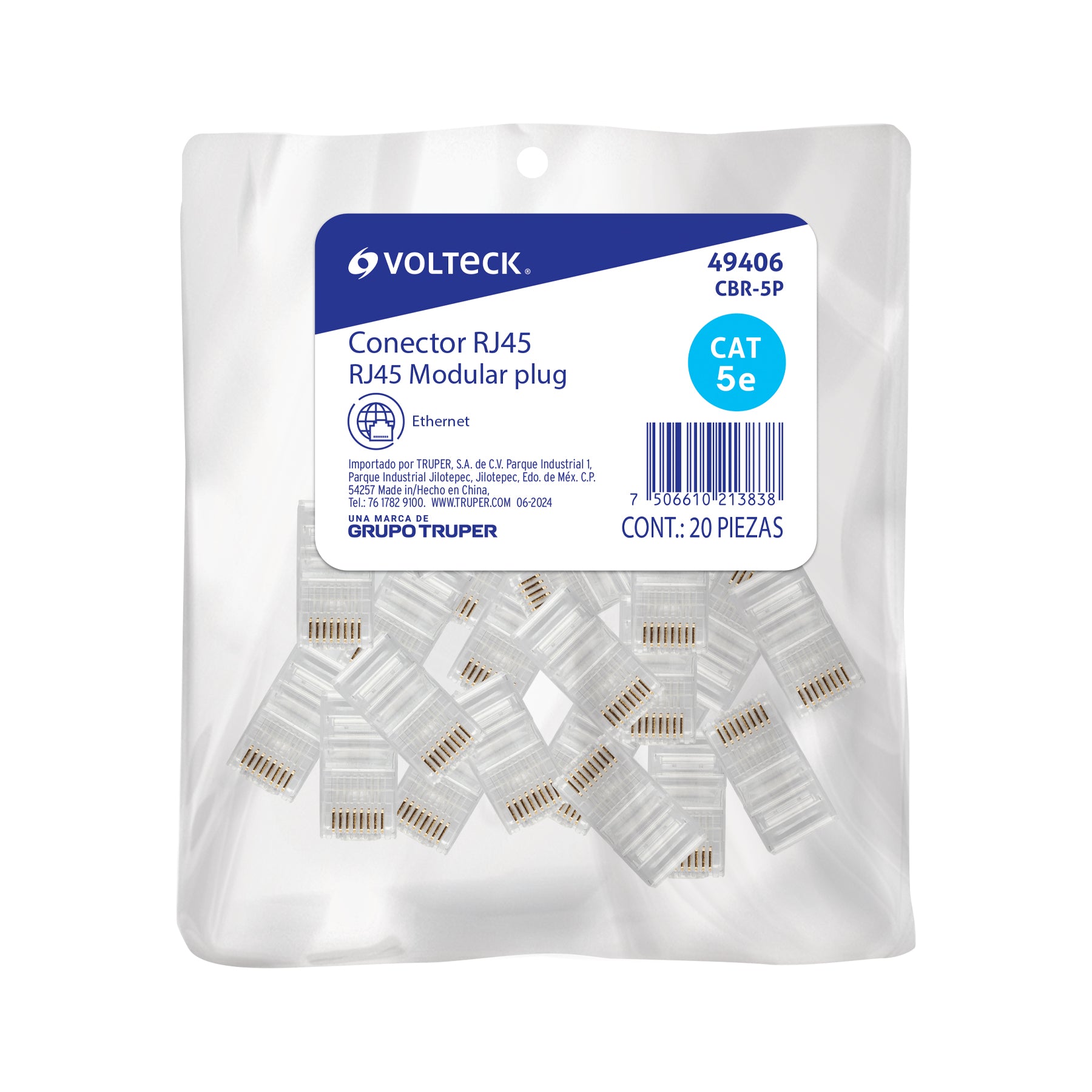 Plug RJ45 CAT5E, Bolsa con 20 piezas, VOLTECK | CBR-5P | 49406