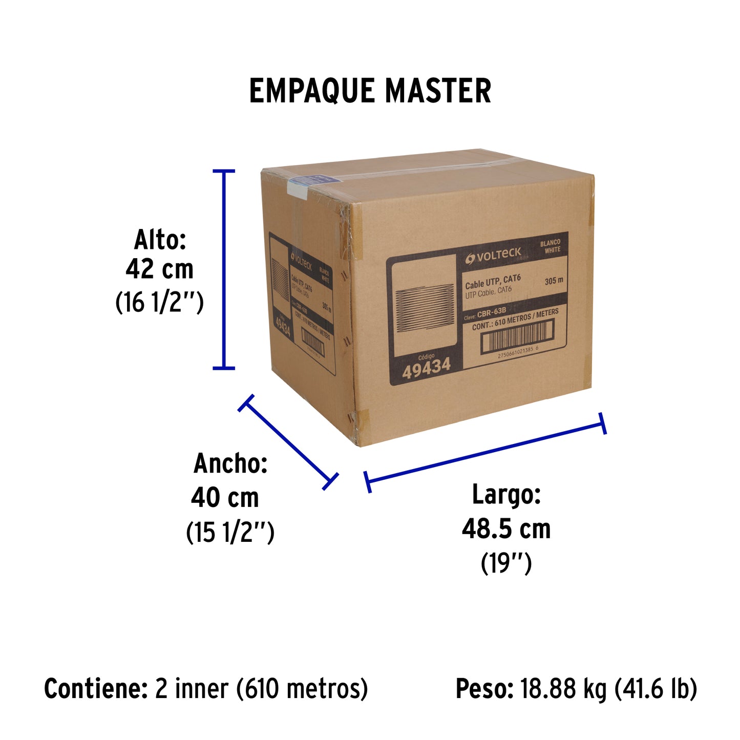 Metro de cable UTP CAT6, Bobina de 305m, blanco, VOLTECK | CBR-63B | 49434