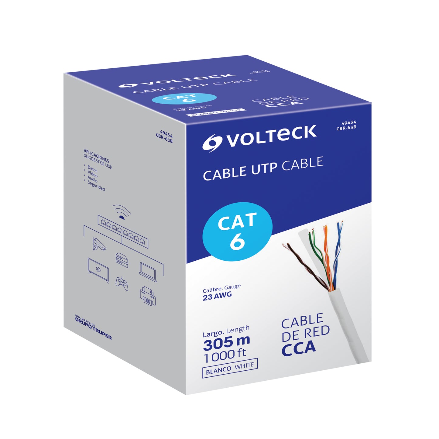 Metro de cable UTP CAT6, Bobina de 305m, blanco, VOLTECK | CBR-63B | 49434