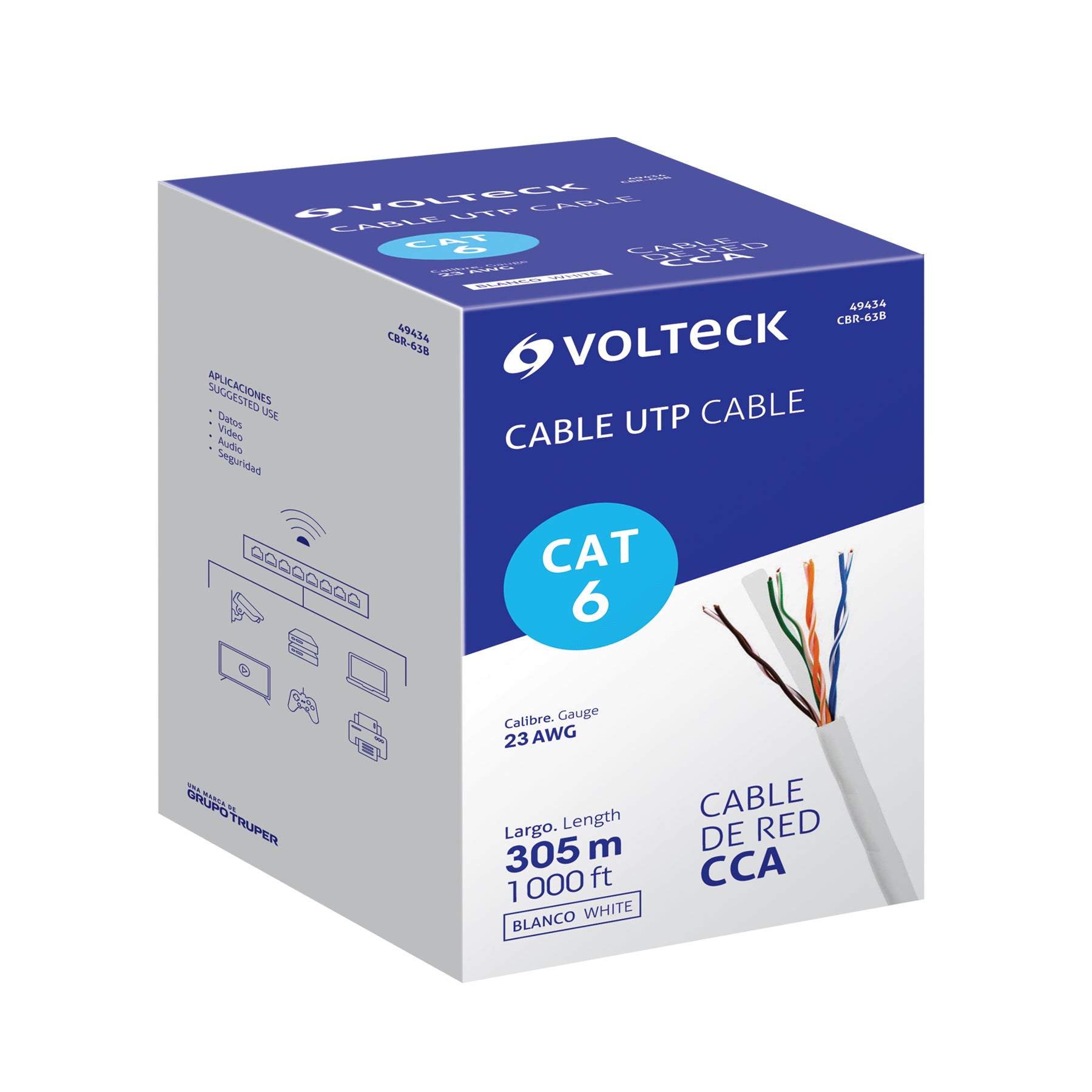 Metro de cable UTP CAT6, Bobina de 305m, blanco, VOLTECK | CBR-63B | 49434