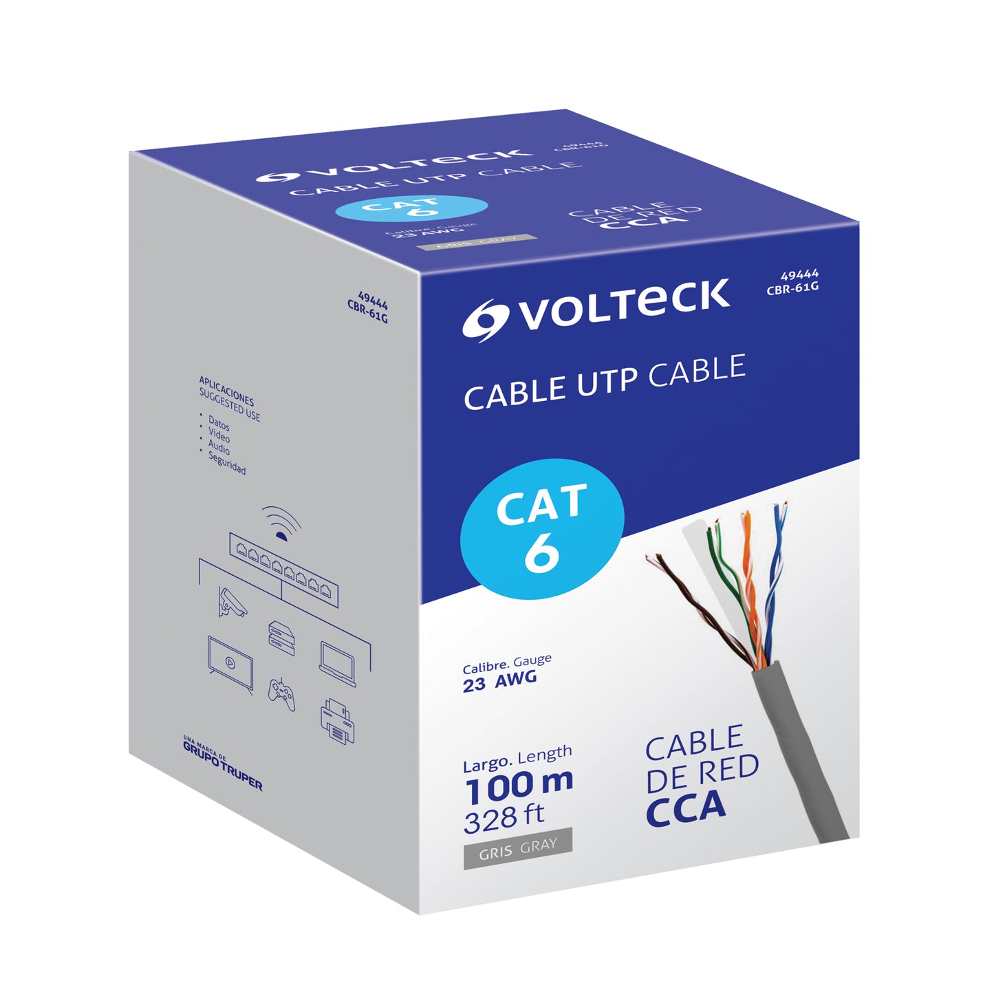 Metro de cable UTP CAT6, Bobina de 100m, gris, VOLTECK | CBR-61G | 49444
