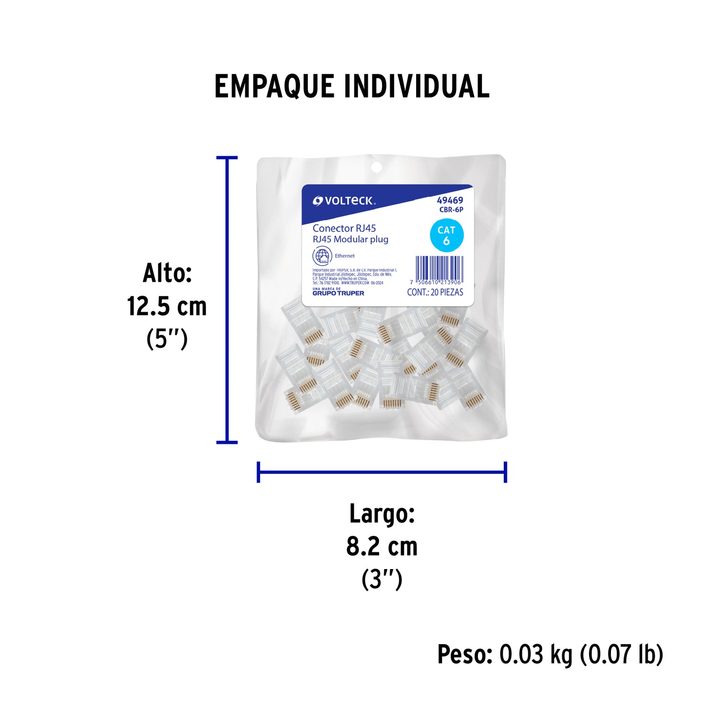 Plug RJ45 CAT6, Bolsa con 20 piezas, VOLTECK | CBR-6P | 49469