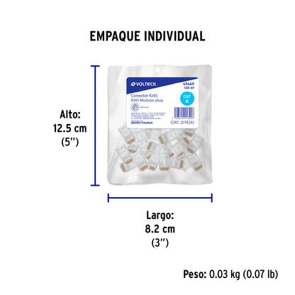 Plug RJ45 CAT6, Bolsa con 20 piezas, VOLTECK | CBR-6P | 49469