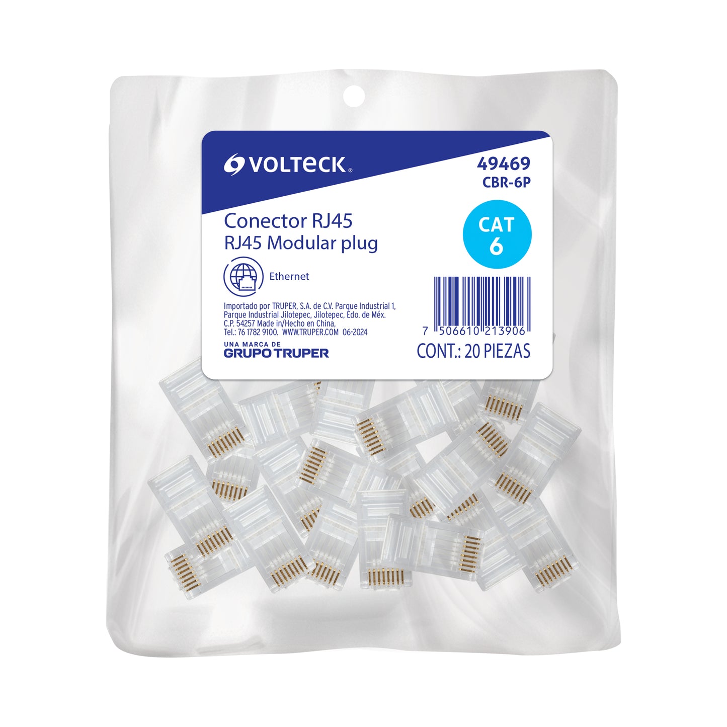 Plug RJ45 CAT6, Bolsa con 20 piezas, VOLTECK | CBR-6P | 49469