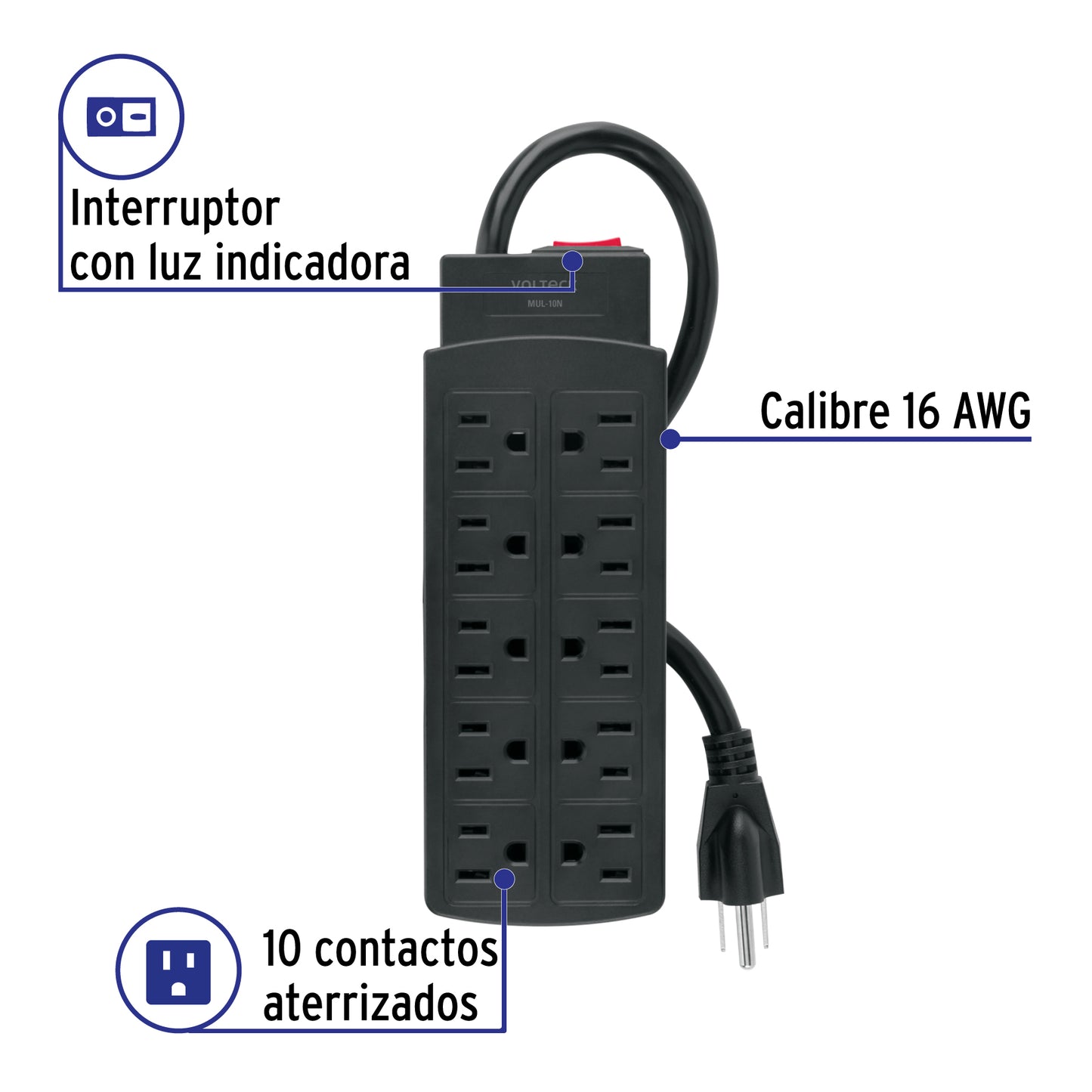 Multicontacto de uso rudo con 10 entradas, negro, VOLTECK | MUL-10N | 49533