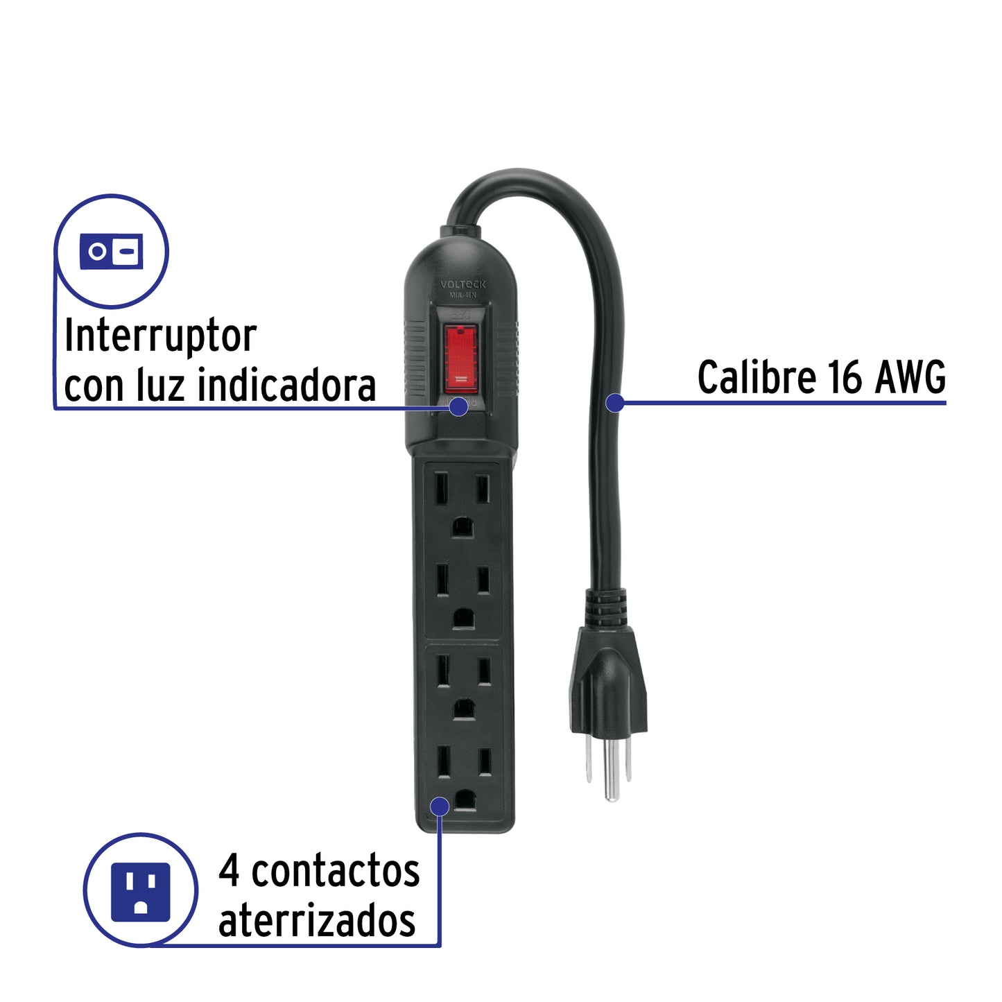 Multicontacto económico 4 entradas, negro, VOLTECK | MUL-4EN | 49543