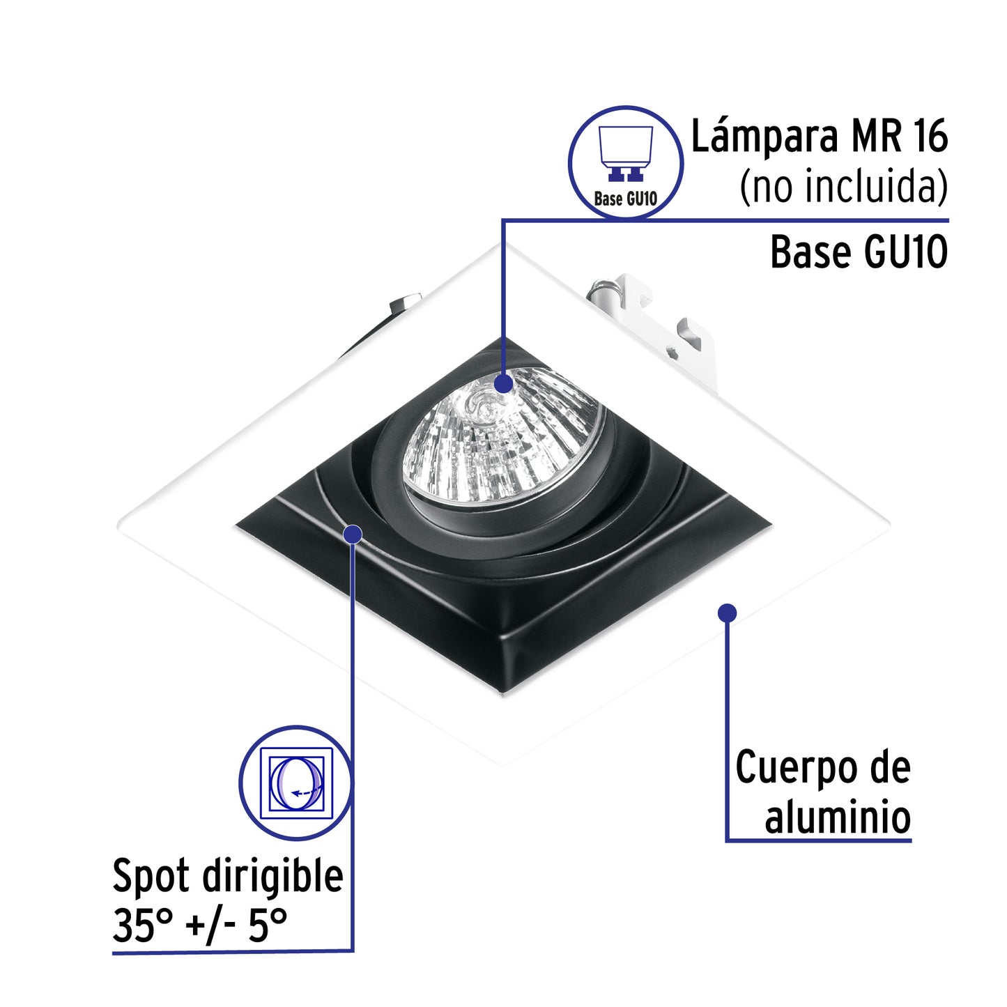 Luminario empotrable con 1 spot dirigible, blanco, VOLTECK | EMP-710S | 49544