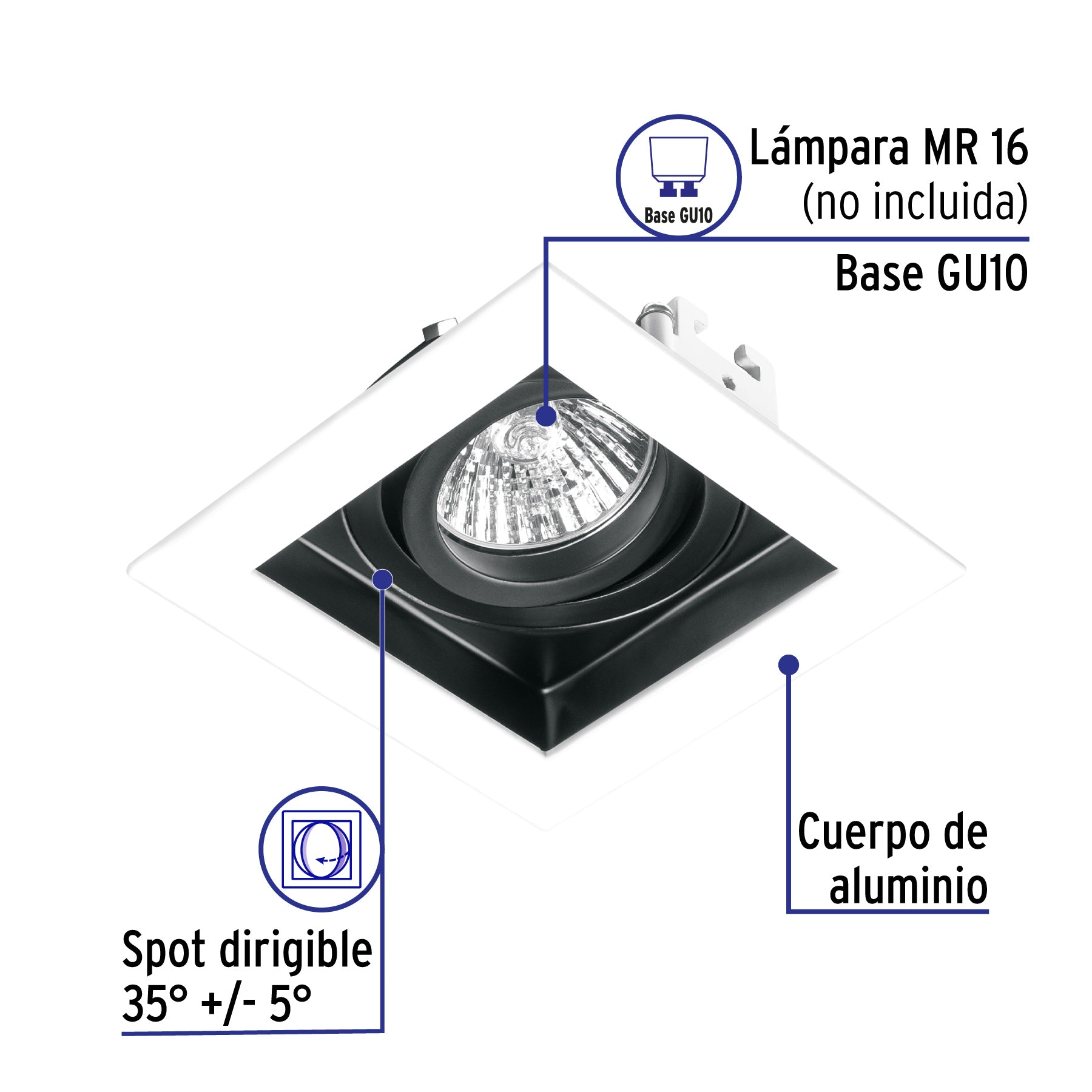 Luminario empotrable con 1 spot dirigible, blanco, VOLTECK | EMP-710S | 49544