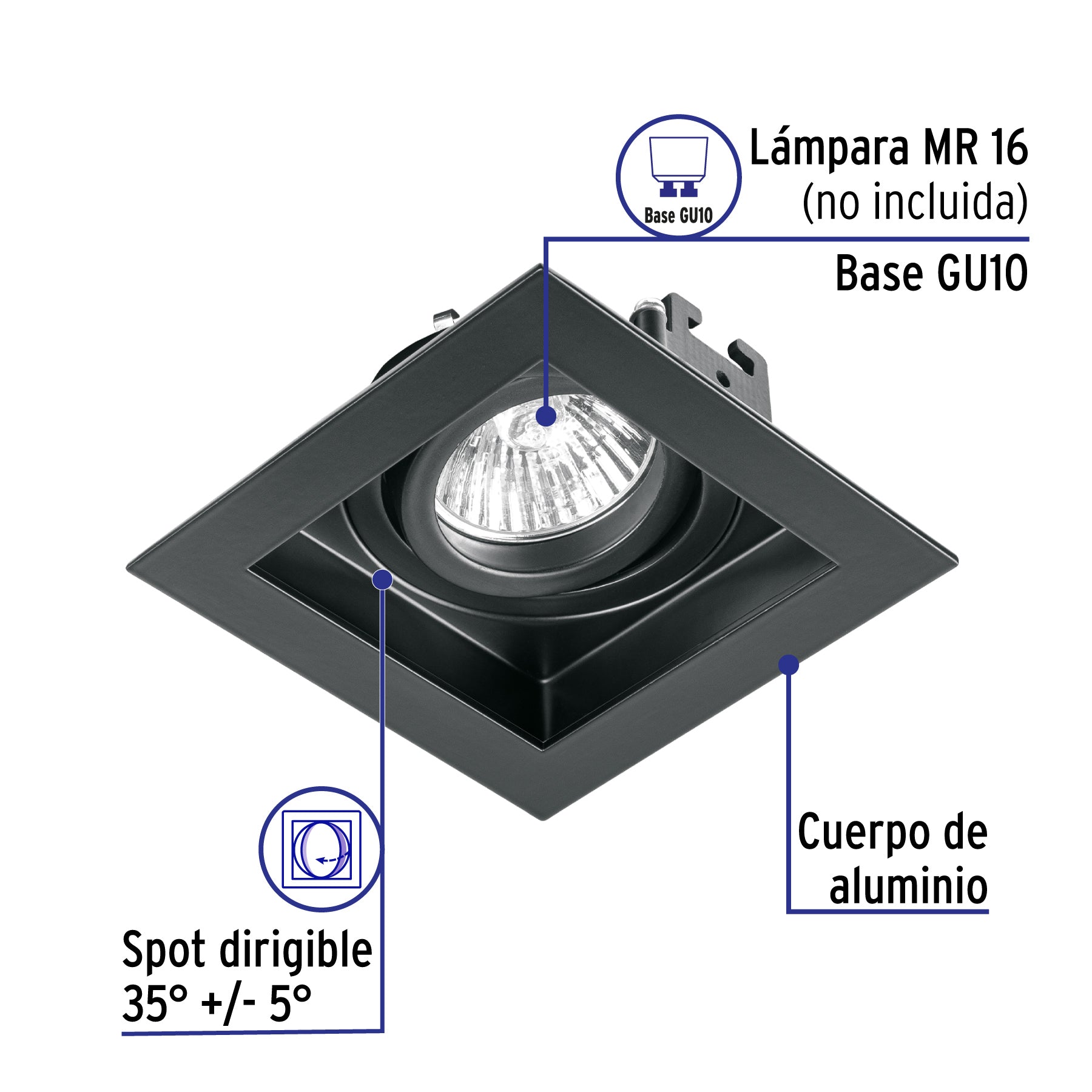 Luminario empotrable con 1 spot dirigible, negro, VOLTECK | EMP-711S | 49548