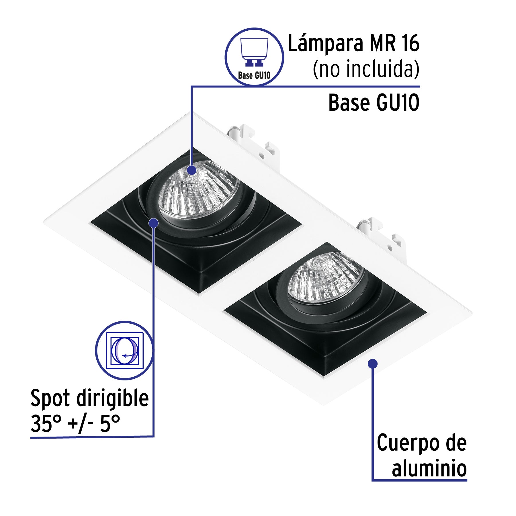 Luminario empotrable con 2 spots dirigibles, blanco, VOLTECK | EMP-720S | 49549