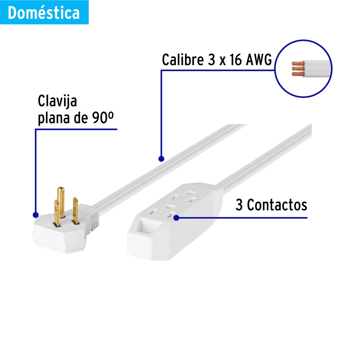 Extensión doméstica aterrizada 4 m blanca con clavija plana | EDA-4B | 49570