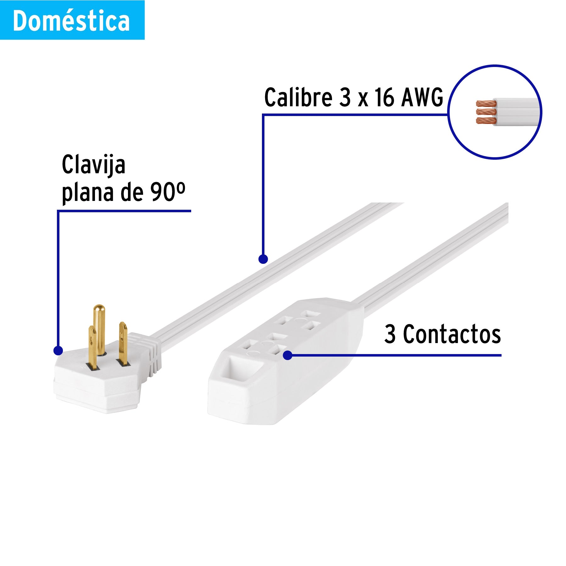 Extensión doméstica aterrizada 4 m blanca con clavija plana | EDA-4B | 49570