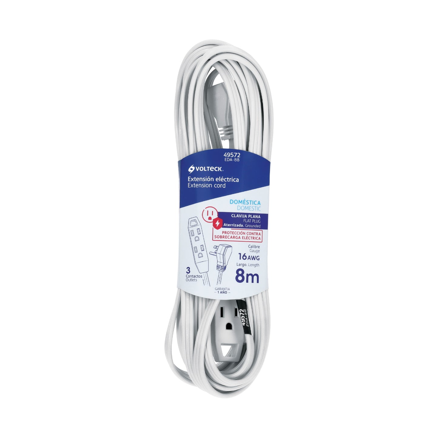 Extensión doméstica aterrizada 8 m blanca con clavija plana | EDA-8B | 49572