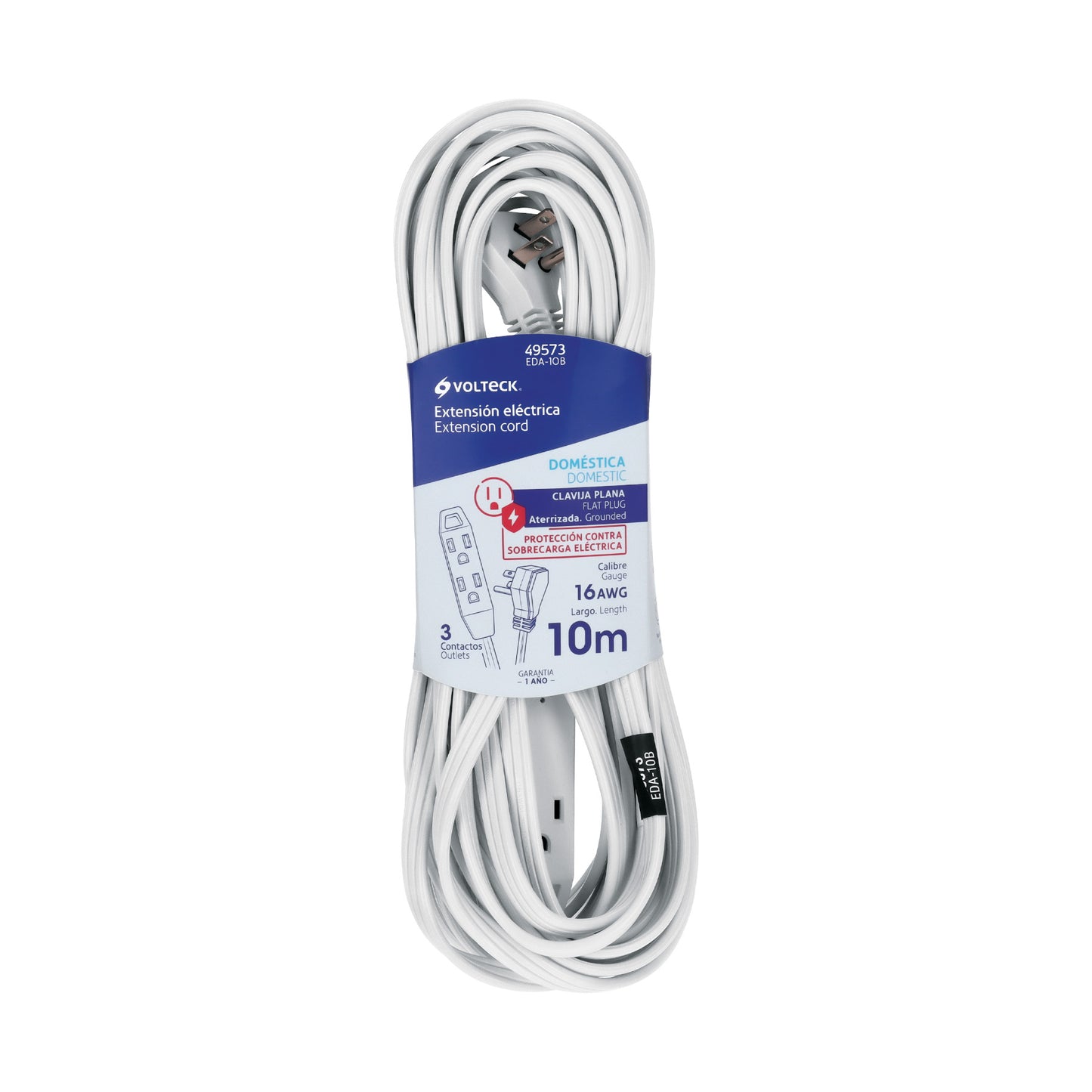 Extensión doméstica aterrizada 10 m blanca con clavija plana | EDA-10B | 49573