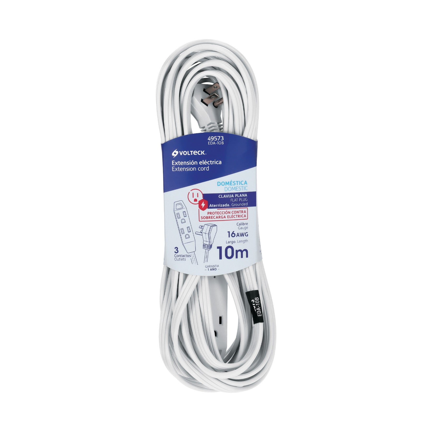 Extensión doméstica aterrizada 10 m blanca con clavija plana | EDA-10B | 49573
