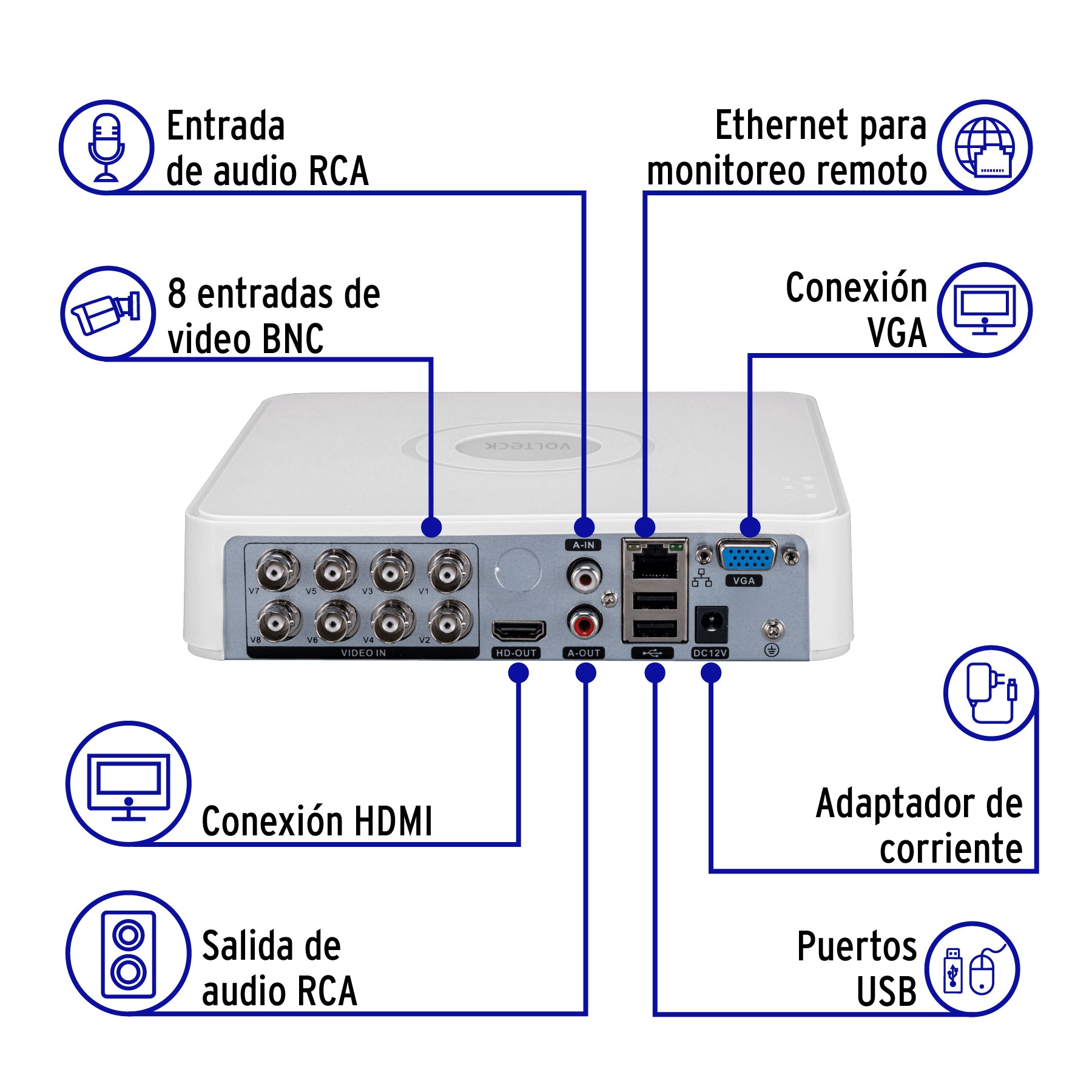 Video grabador DVR de 8 canales, 5MP, Volteck | CTV-DVR-8A | 49585