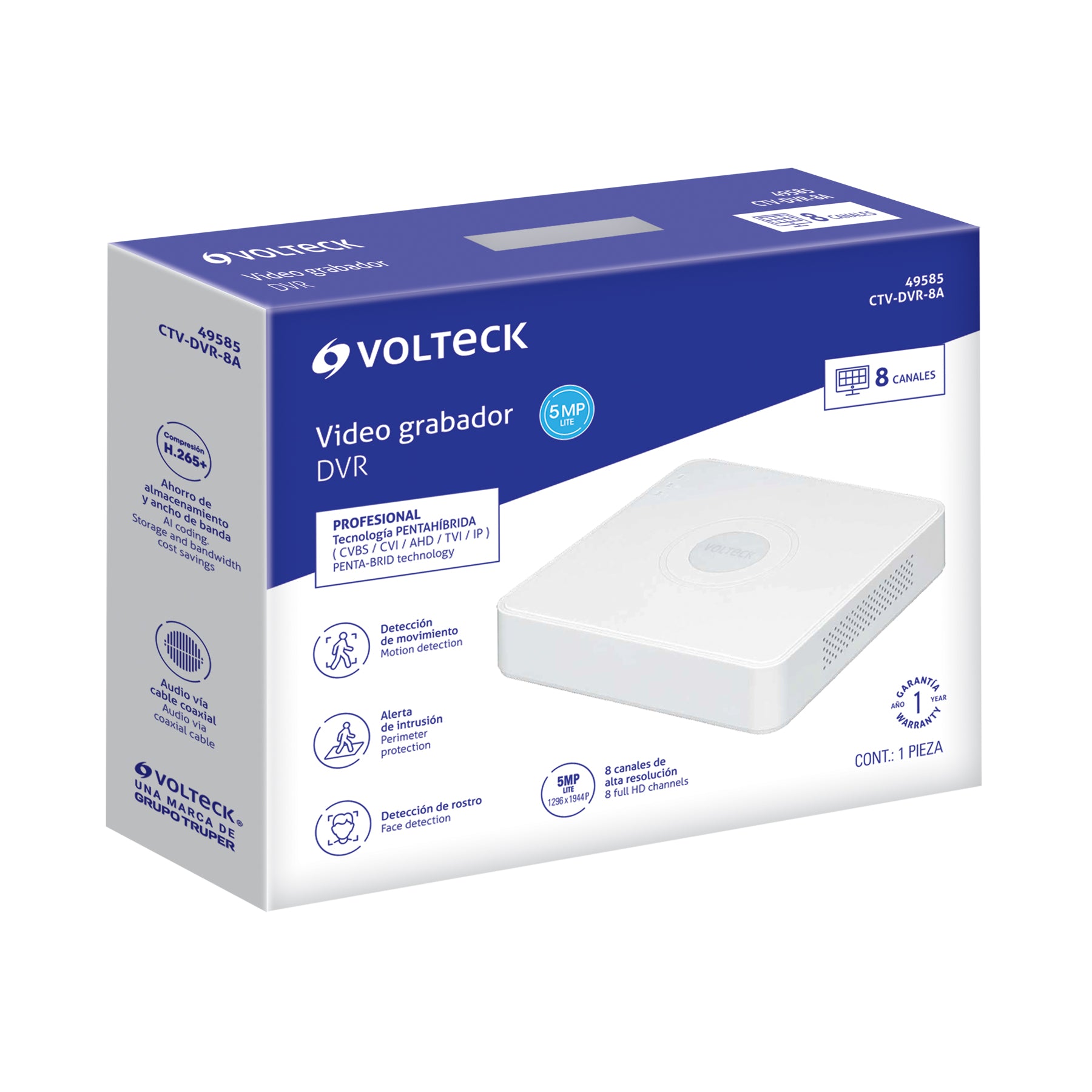 Video grabador DVR de 8 canales, 5MP, Volteck | CTV-DVR-8A | 49585