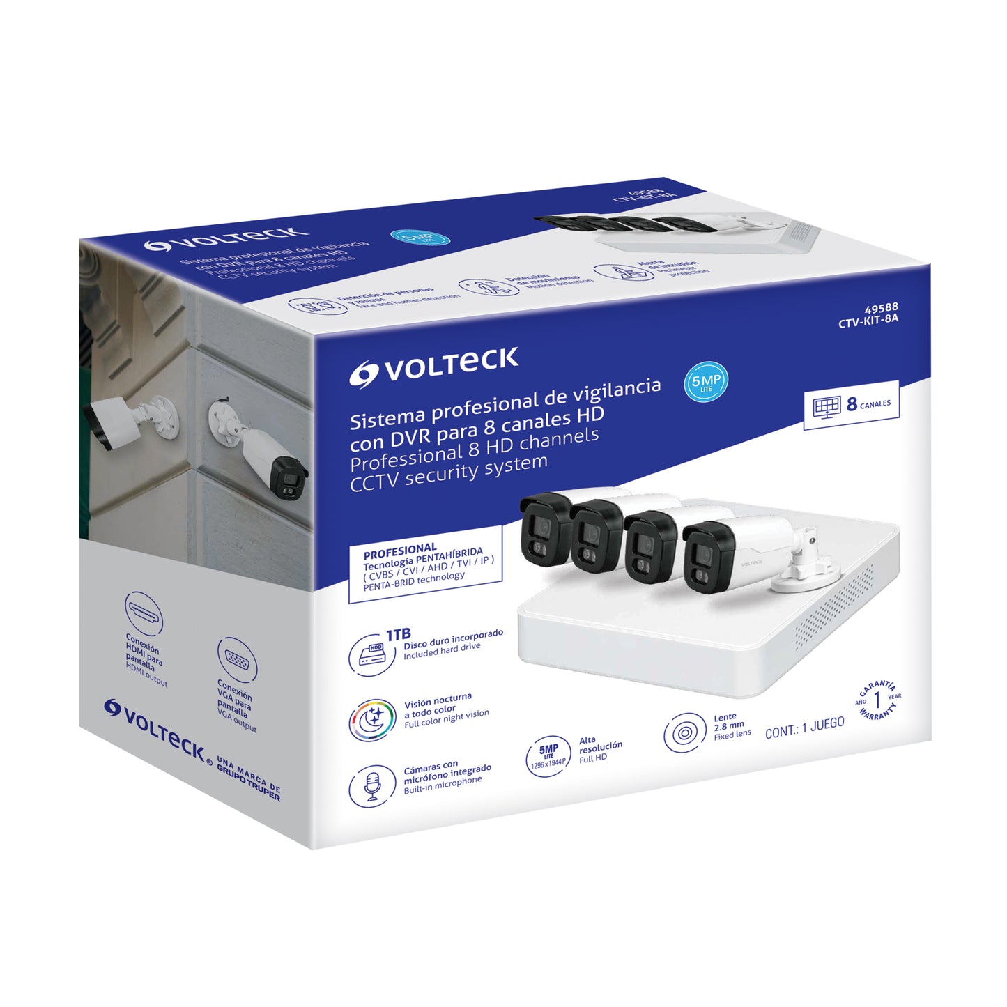 Kit video vigilancia, 8 canales, 4 cámaras, 5MP, Disco 1TB | CTV-KIT-8A | 49588