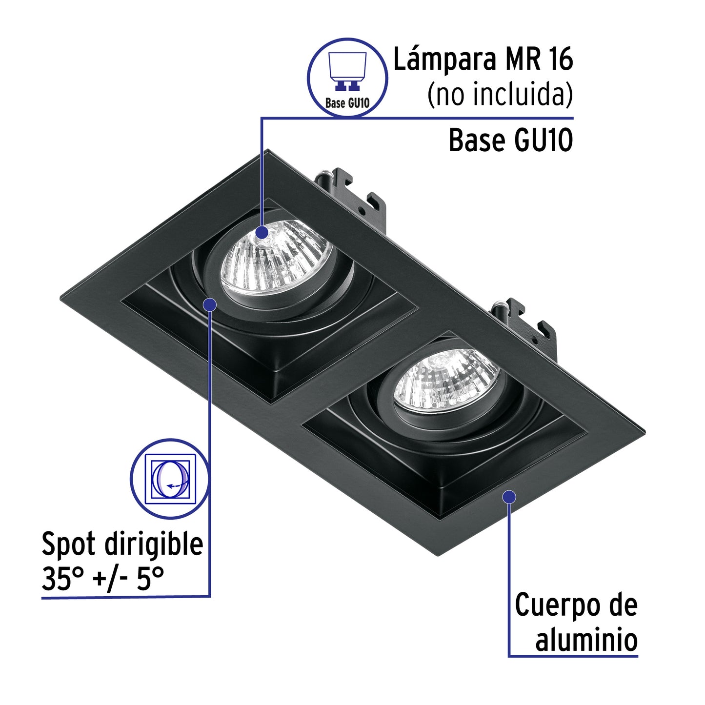 Luminario empotrable con 2 spots dirigibles, negro, VOLTECK | EMP-721S | 49713