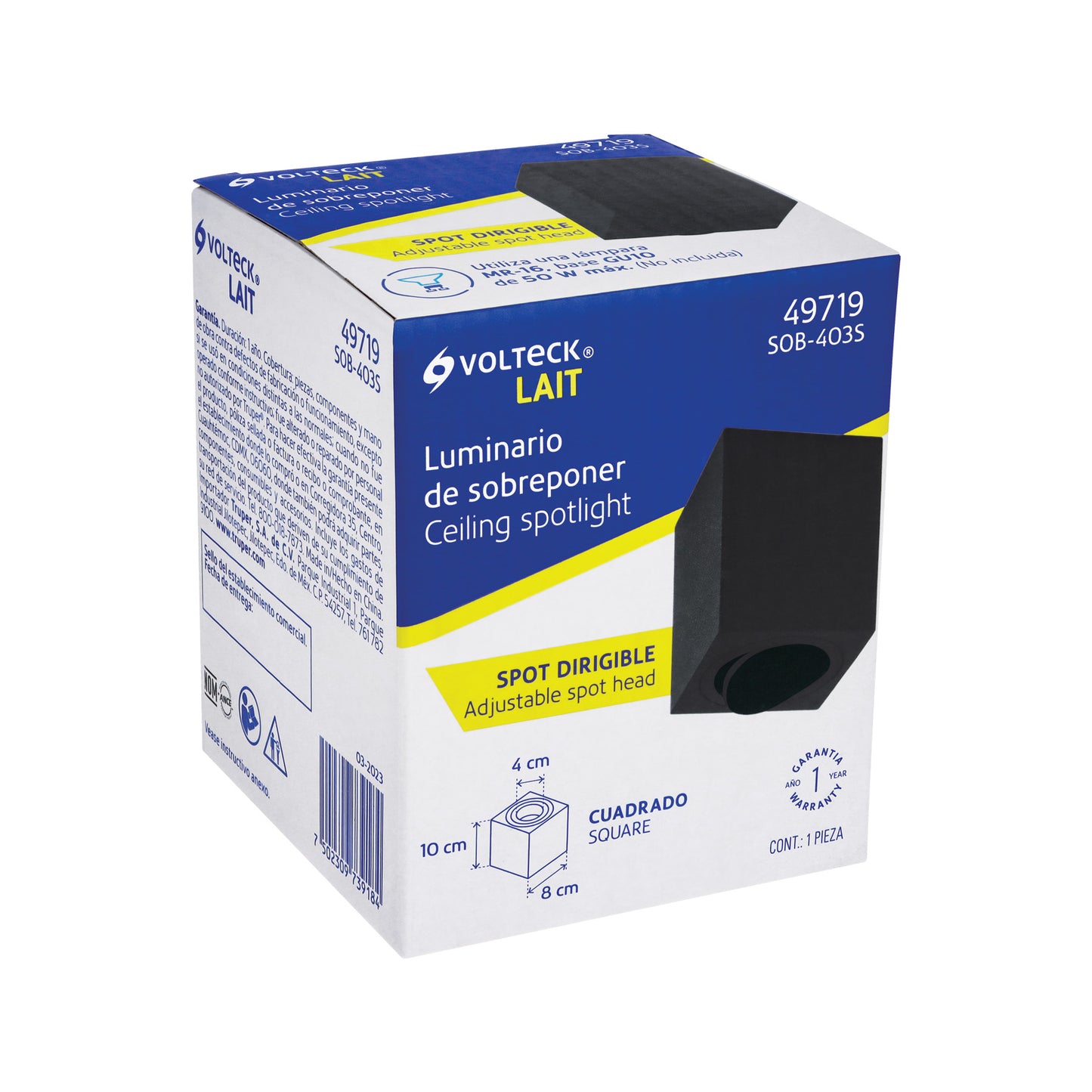 Luminario de sobreponer c/spot dirigible, cuadrado, negro | SOB-403S | 49719