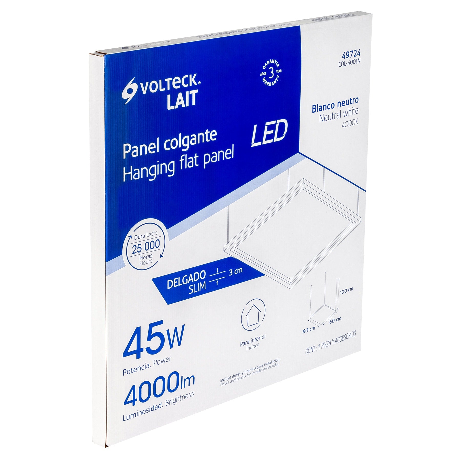 Panel delgado colgante de LED 45 W 60 x 60 cm luz neutra | COL-400LN | 49724