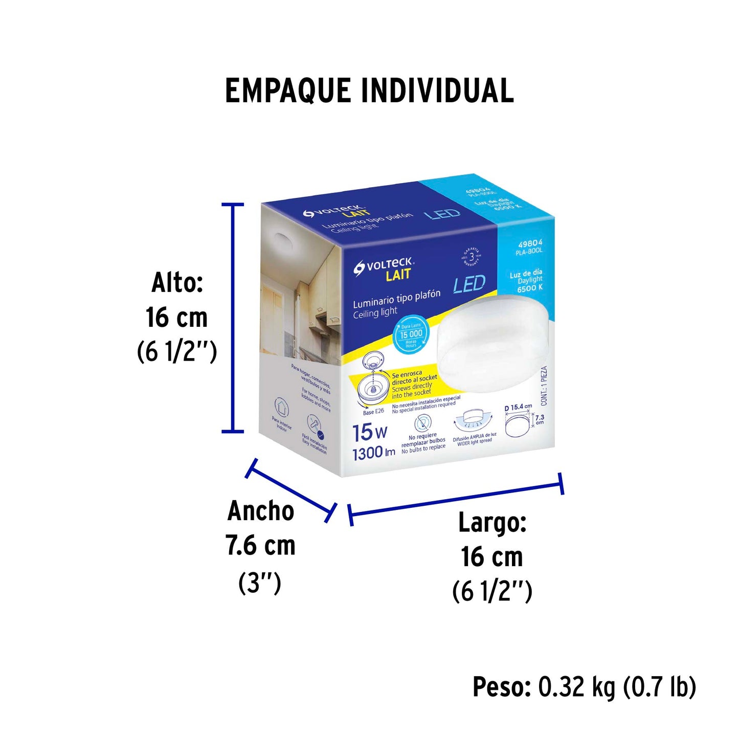 Luminario LED plafón 15W 6500K, con base E26, VOLTECK | PLA-800L | 49804