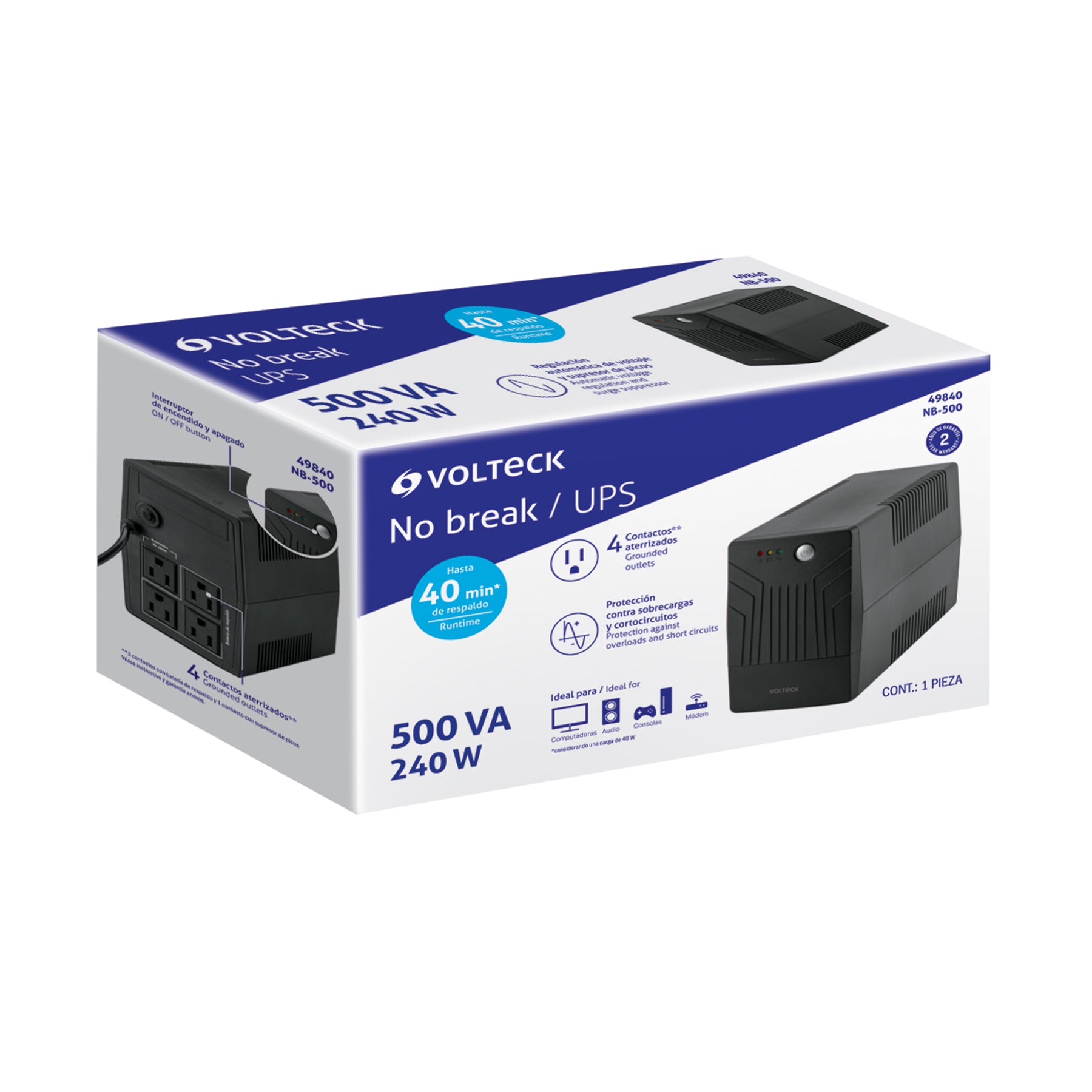 No Break 500 VA / 240 W con 4 contactos, Volteck | NB-500 | 49840