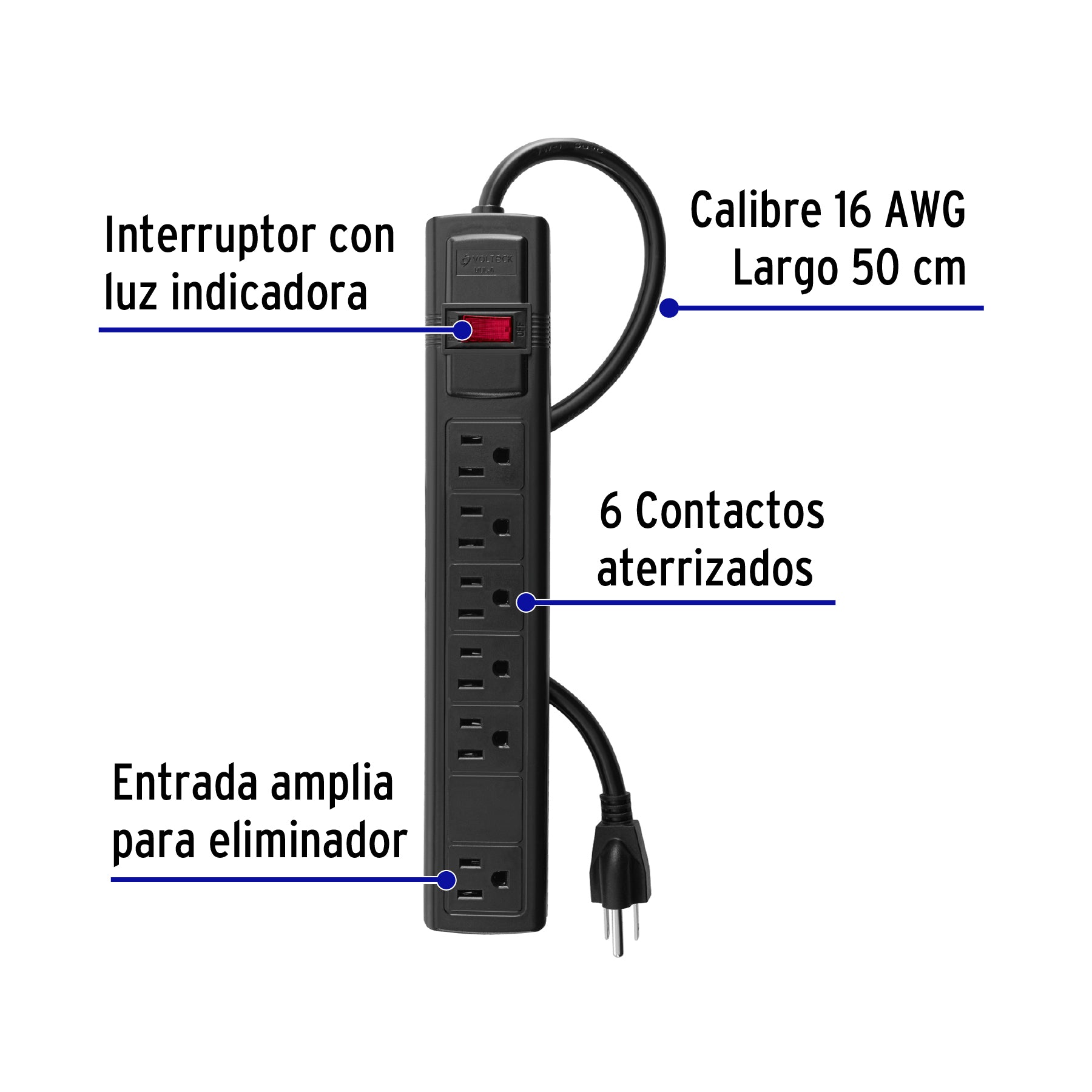 Multicontacto 16 AWG doméstico con 6 entradas, negro Volteck | MUL-6N | 49859